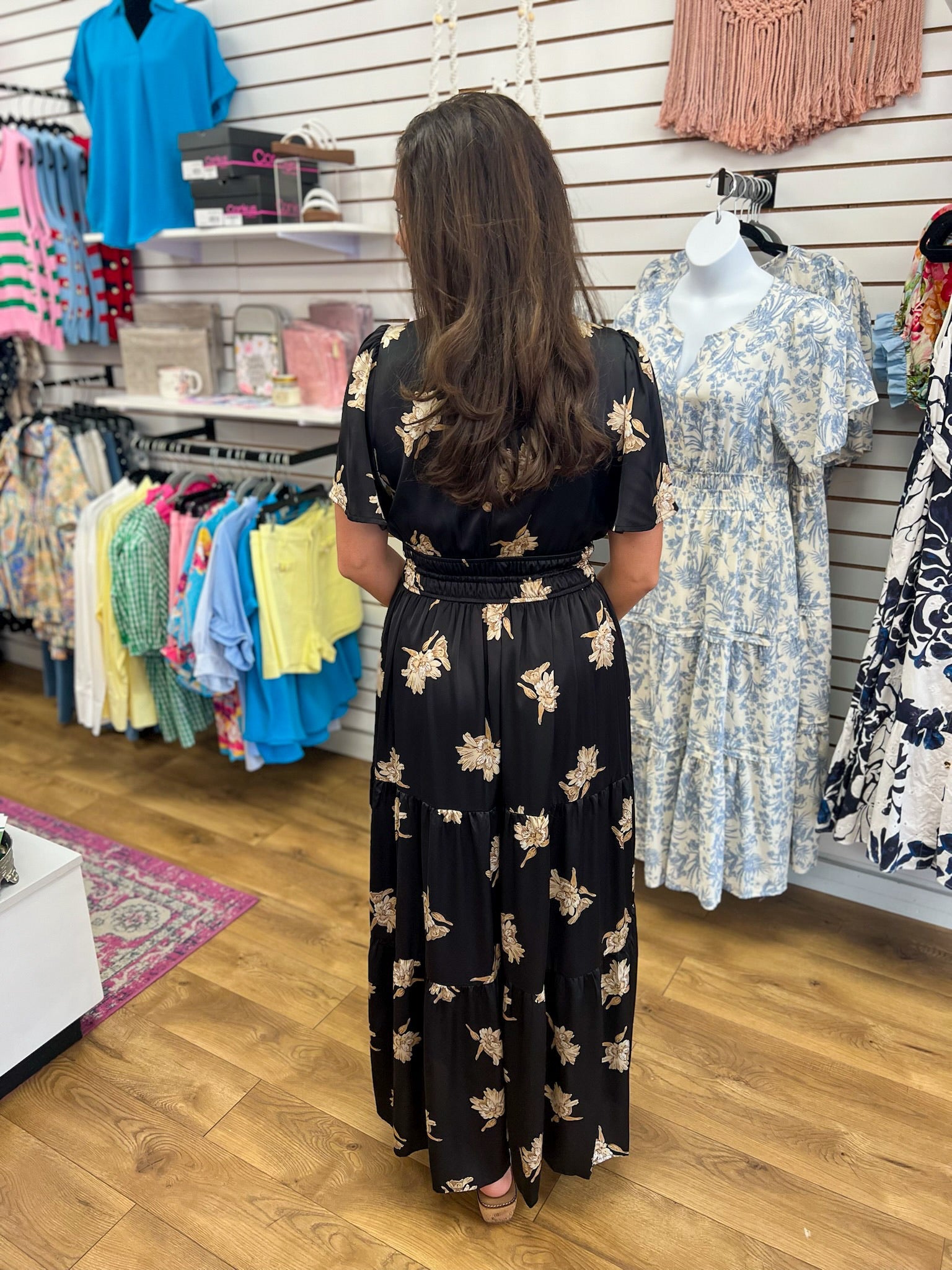 Black Floral Satin Maxi Dress with Elastic Waist and Pockets - A'Bekah's Boutique