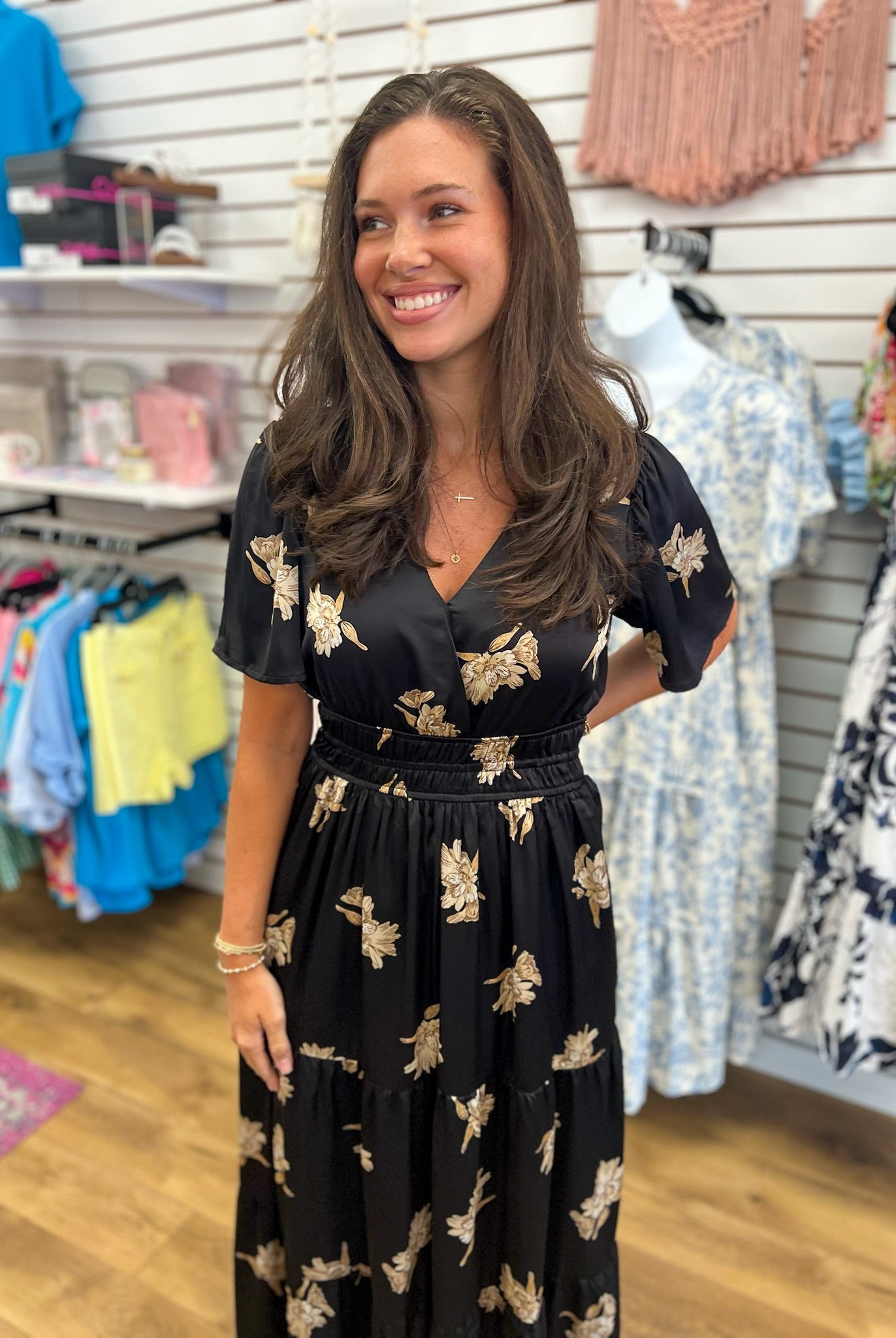 Black Floral Satin Maxi Dress with Elastic Waist and Pockets - A'Bekah's Boutique
