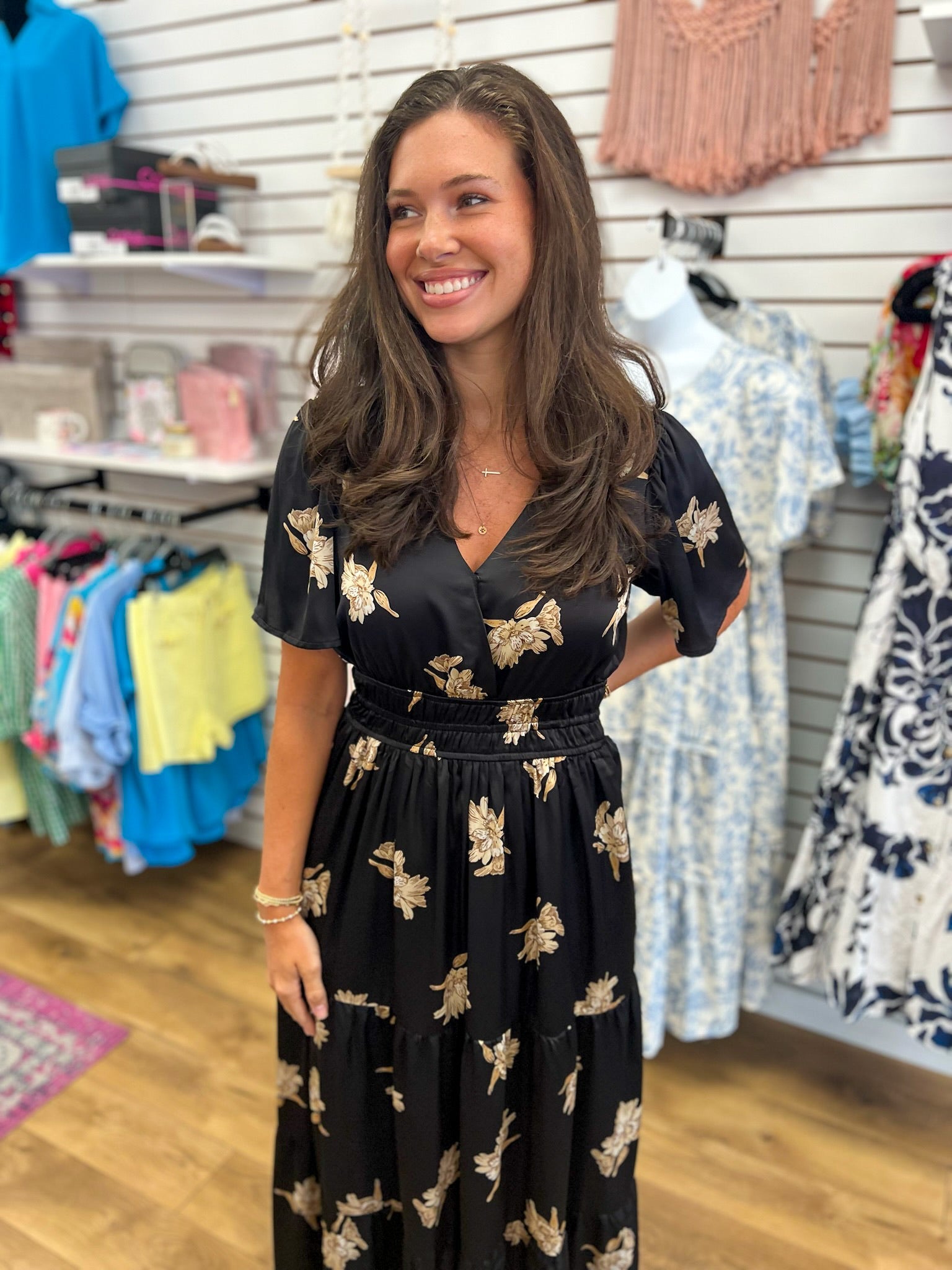 Black Floral Satin Maxi Dress with Elastic Waist and Pockets - A'Bekah's Boutique