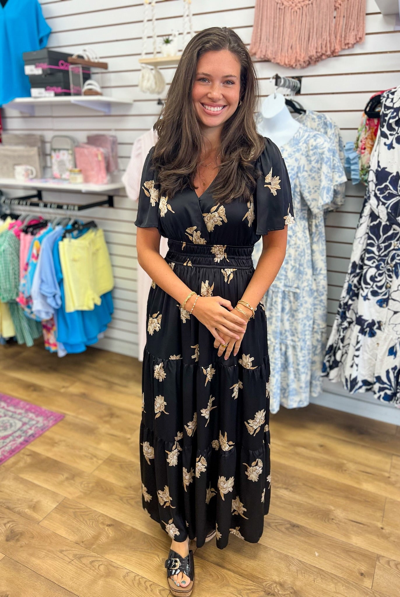 Black Floral Satin Maxi Dress with Elastic Waist and Pockets - A'Bekah's Boutique