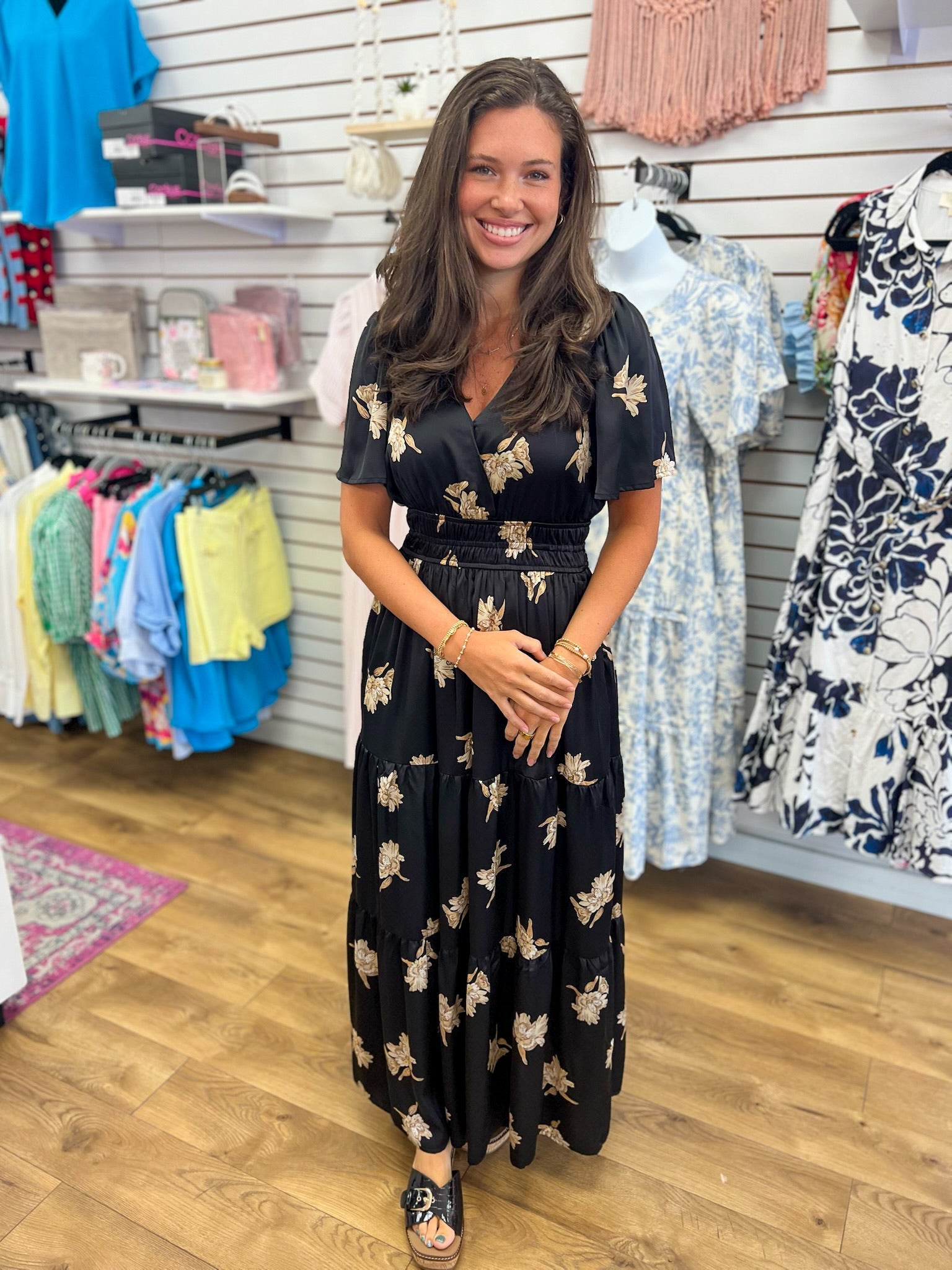 Black Floral Satin Maxi Dress with Elastic Waist and Pockets - A'Bekah's Boutique
