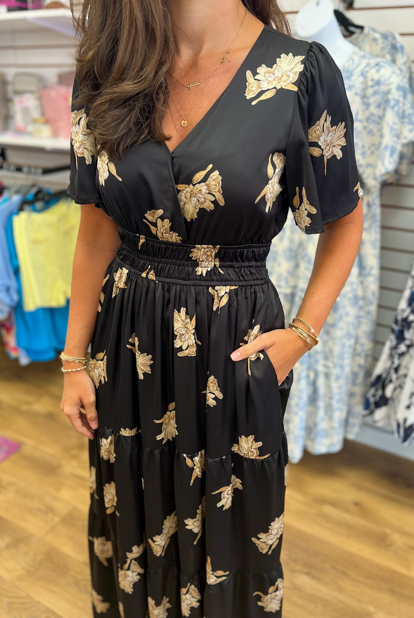 Black Floral Satin Maxi Dress with Elastic Waist and Pockets - A'Bekah's Boutique