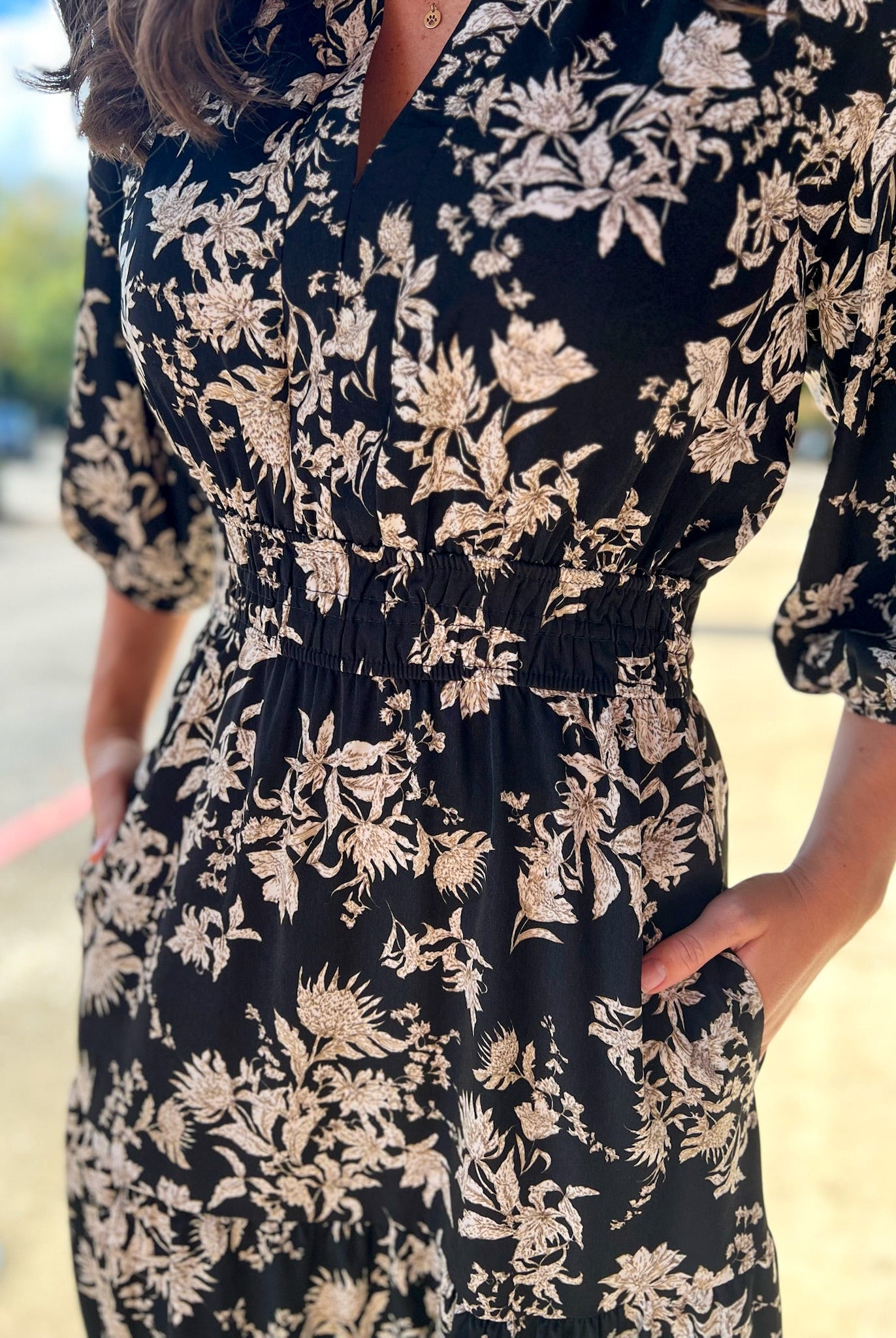 Black Floral V - Neck Midi Dress with Smocked Waist - A'Bekah's Boutique