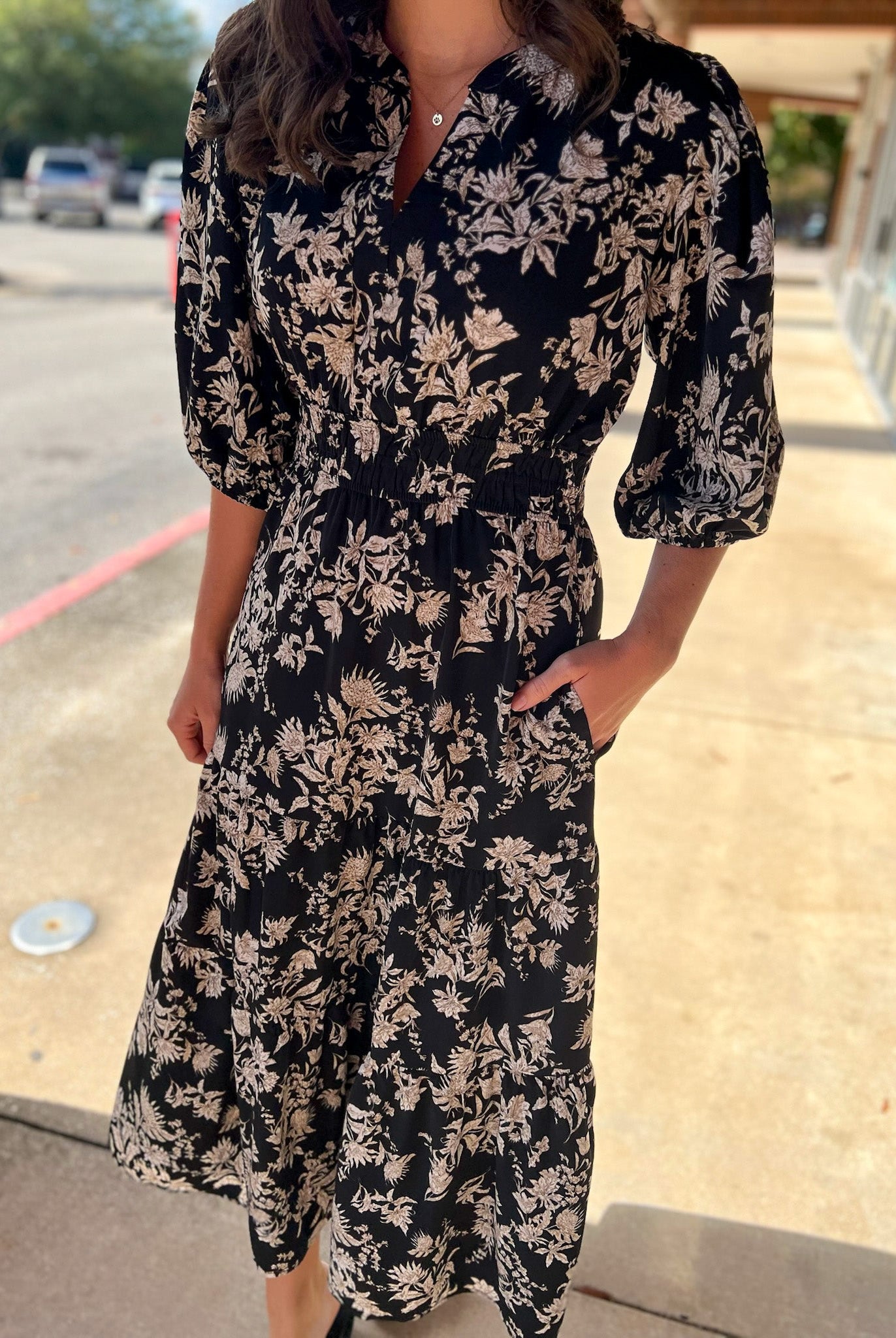 Black Floral V - Neck Midi Dress with Smocked Waist - A'Bekah's Boutique