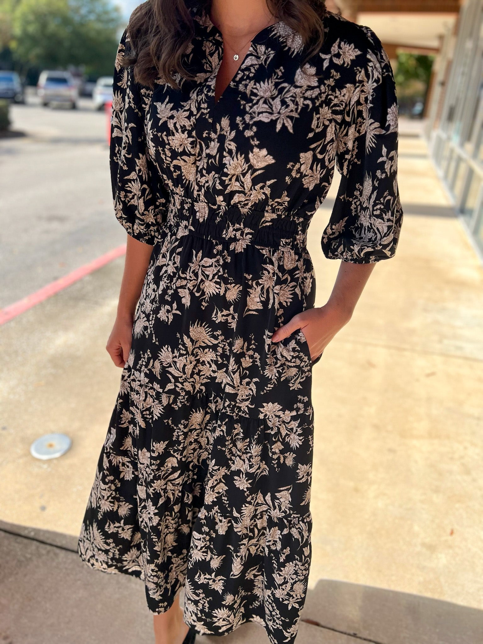 Black Floral V - Neck Midi Dress with Smocked Waist - A'Bekah's Boutique