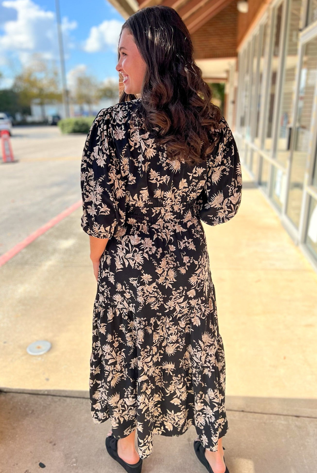 Black Floral V - Neck Midi Dress with Smocked Waist - A'Bekah's Boutique