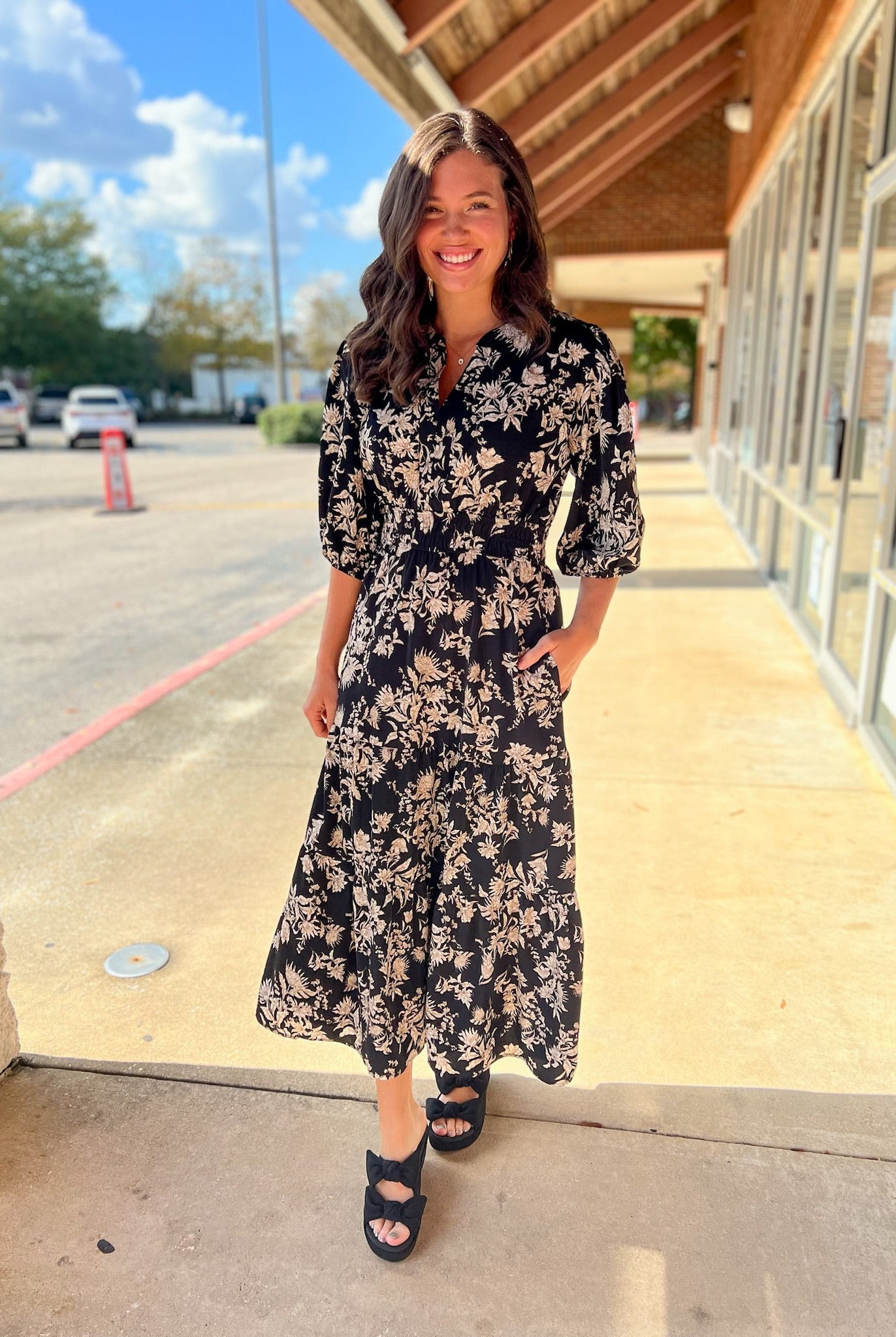 Black Floral V - Neck Midi Dress with Smocked Waist - A'Bekah's Boutique
