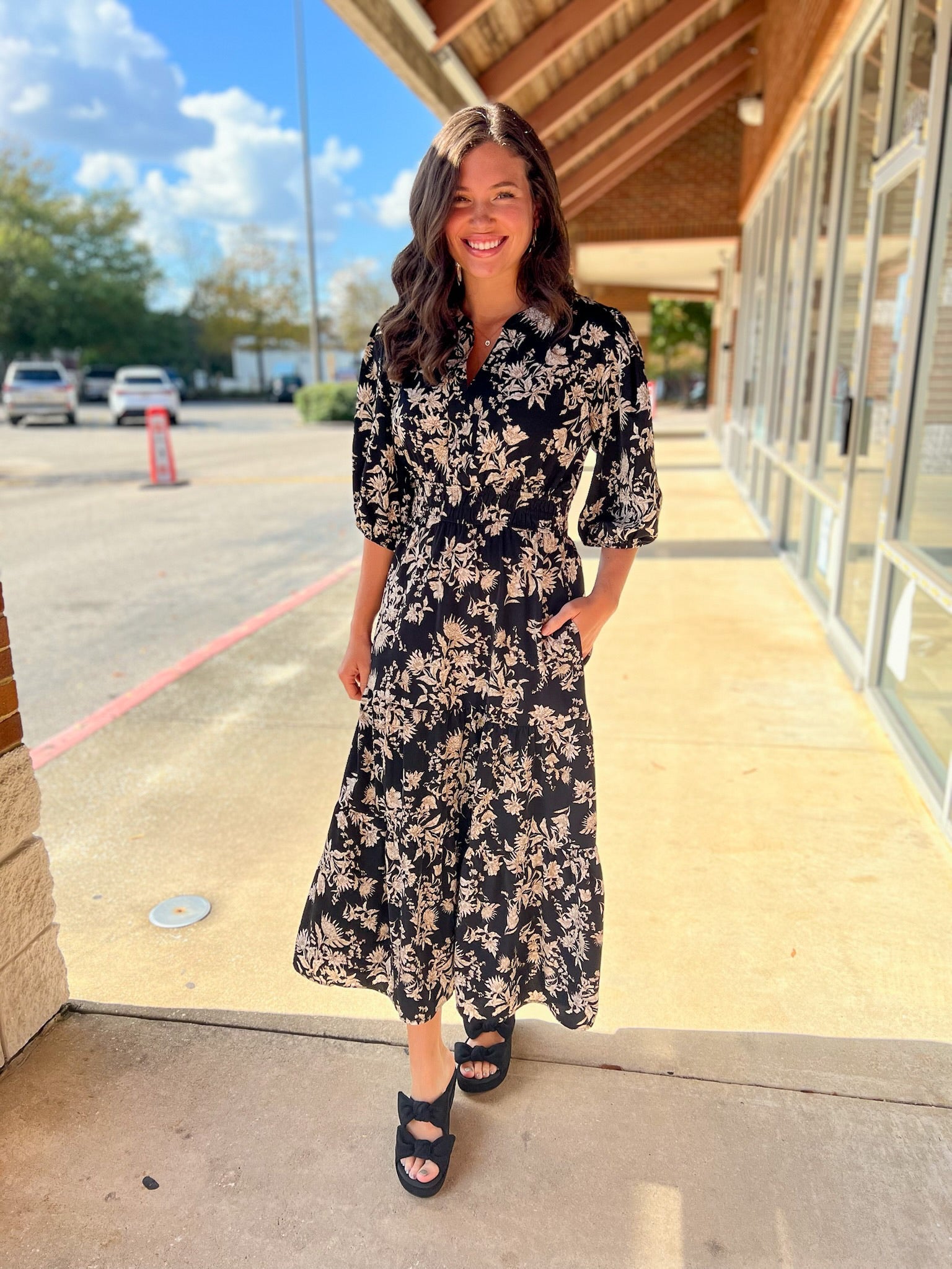 Black Floral V - Neck Midi Dress with Smocked Waist - A'Bekah's Boutique