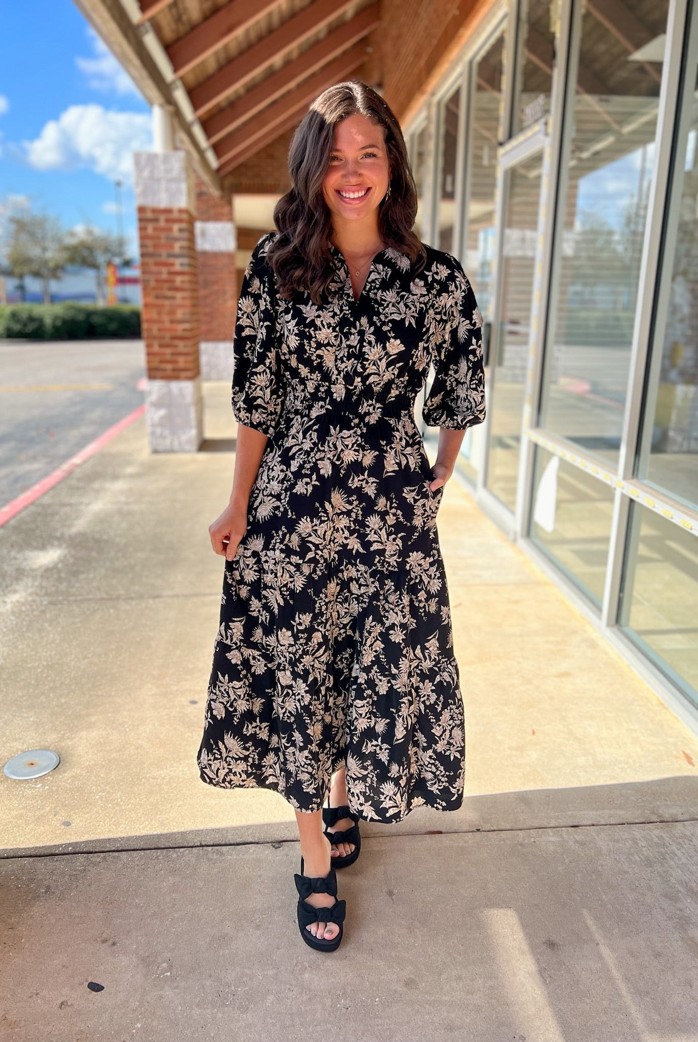 Black Floral V - Neck Midi Dress with Smocked Waist - A'Bekah's Boutique