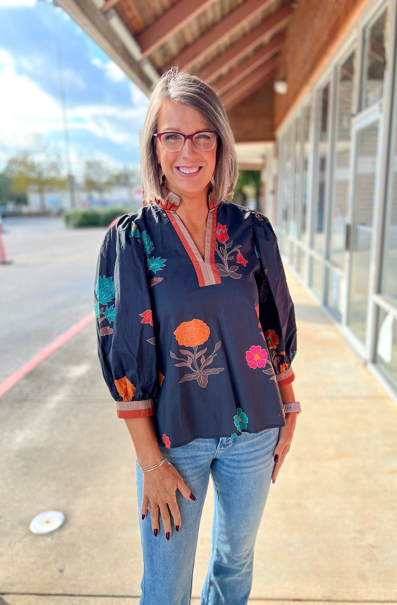 Black Floral V - Neck Top with Contrast Banding Trim (R) - A'Bekah's Boutique