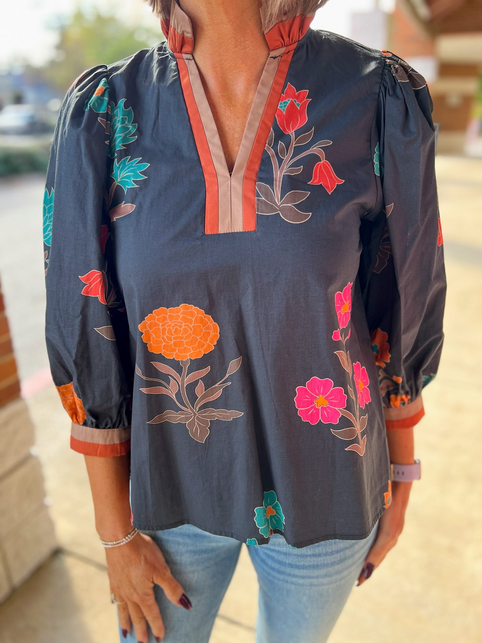 Black Floral V - Neck Top with Contrast Banding Trim (R) - A'Bekah's Boutique