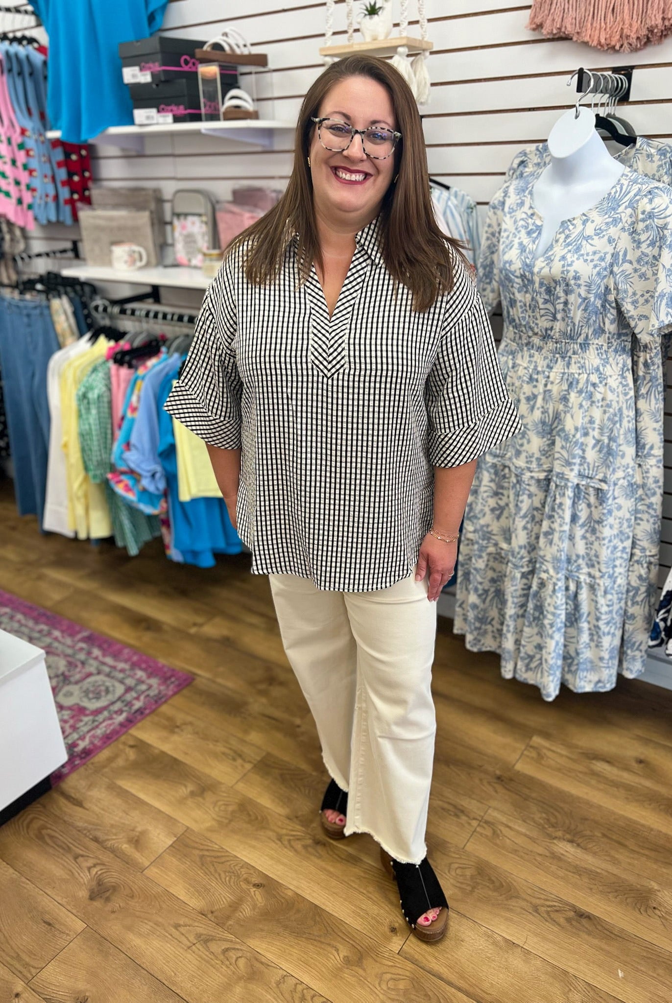 Black Gingham V-Neck Top with 3/4 Sleeves - A'Bekah's Boutique