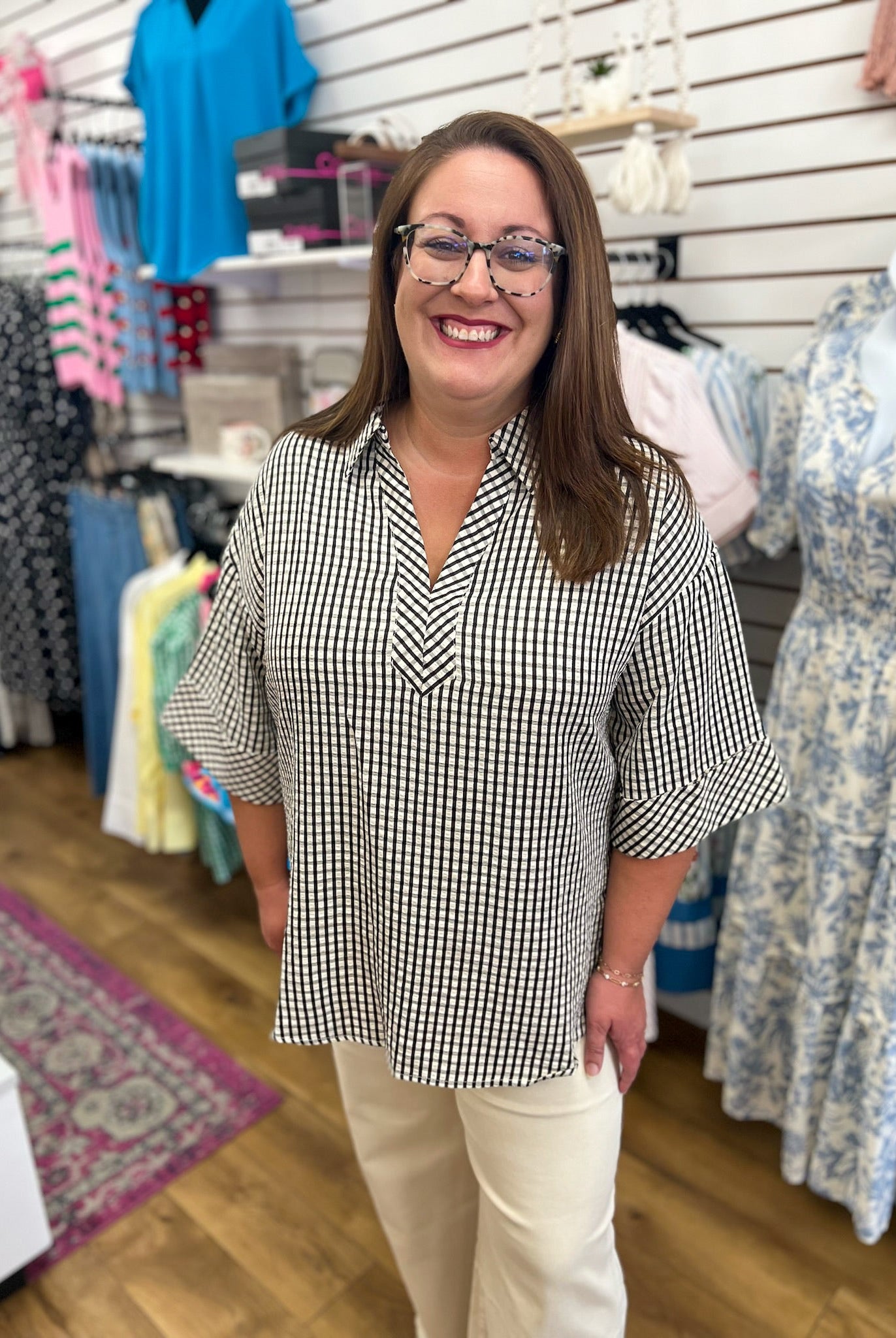 Black Gingham V-Neck Top with 3/4 Sleeves - A'Bekah's Boutique