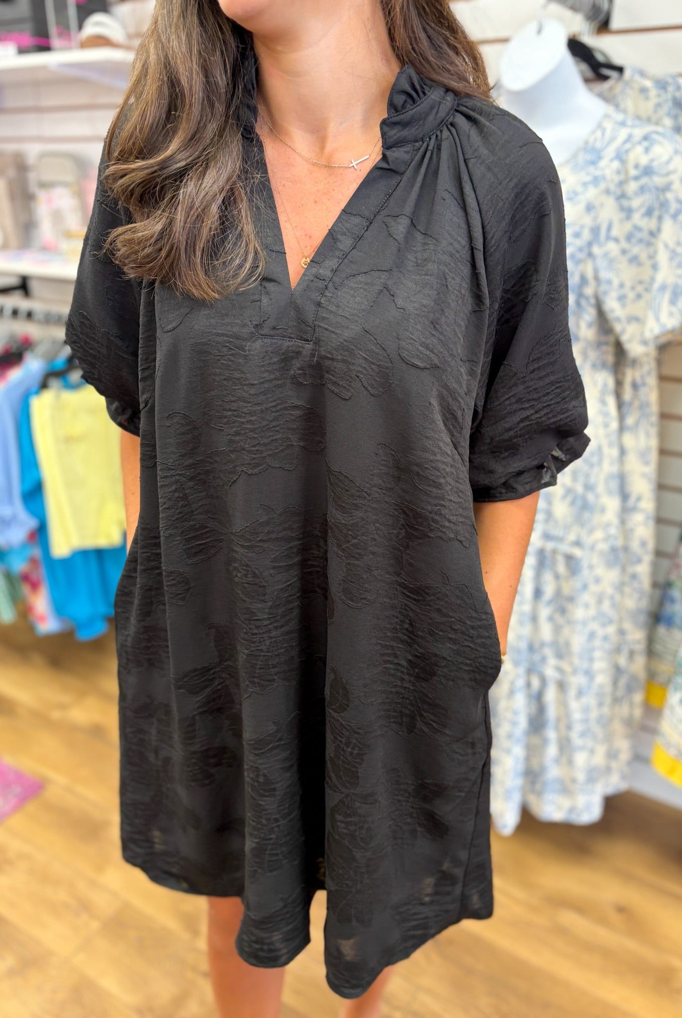 Black Jacquard Tonal V-Neck Dress with Elbow Length Sleeves - A'Bekah's Boutique