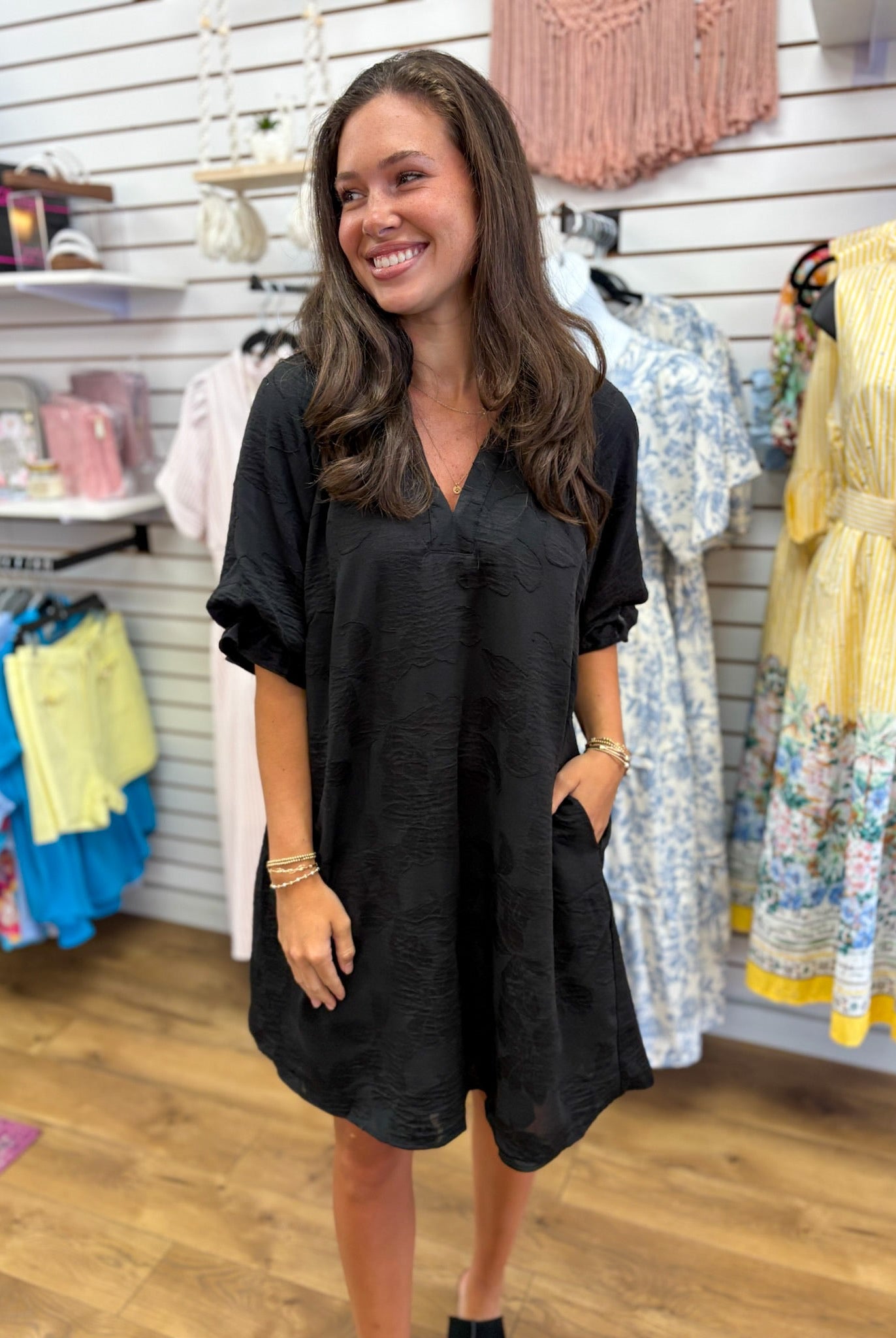 Black Jacquard Tonal V-Neck Dress with Elbow Length Sleeves - A'Bekah's Boutique