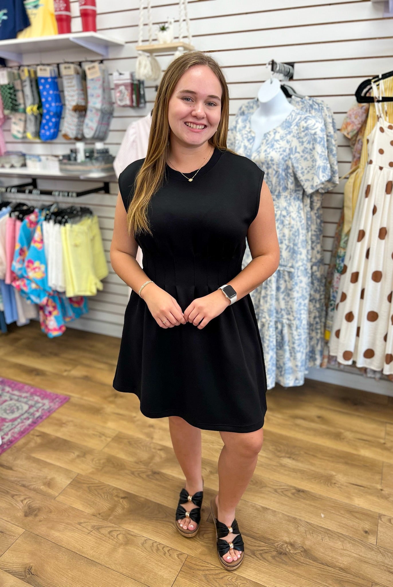 Black Knit Cap Sleeve Dress with Pintuck Detailing at Waist - A'Bekah's Boutique