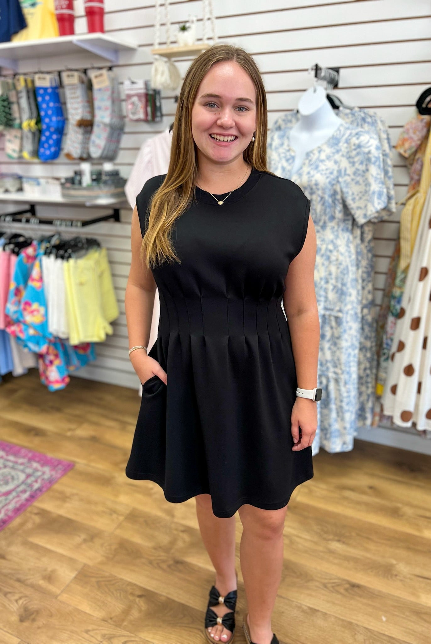 Black Knit Cap Sleeve Dress with Pintuck Detailing at Waist - A'Bekah's Boutique