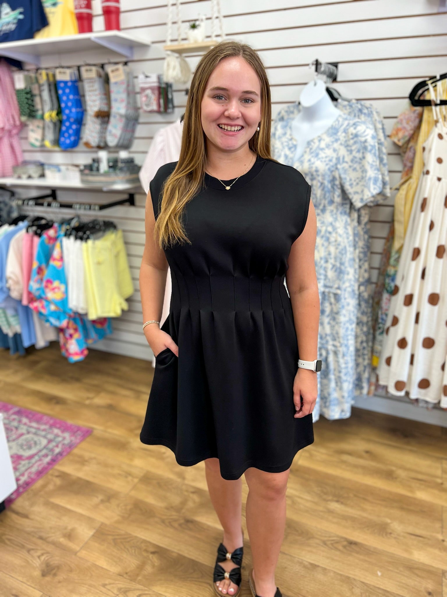 Black Knit Cap Sleeve Dress with Pintuck Detailing at Waist - A'Bekah's Boutique