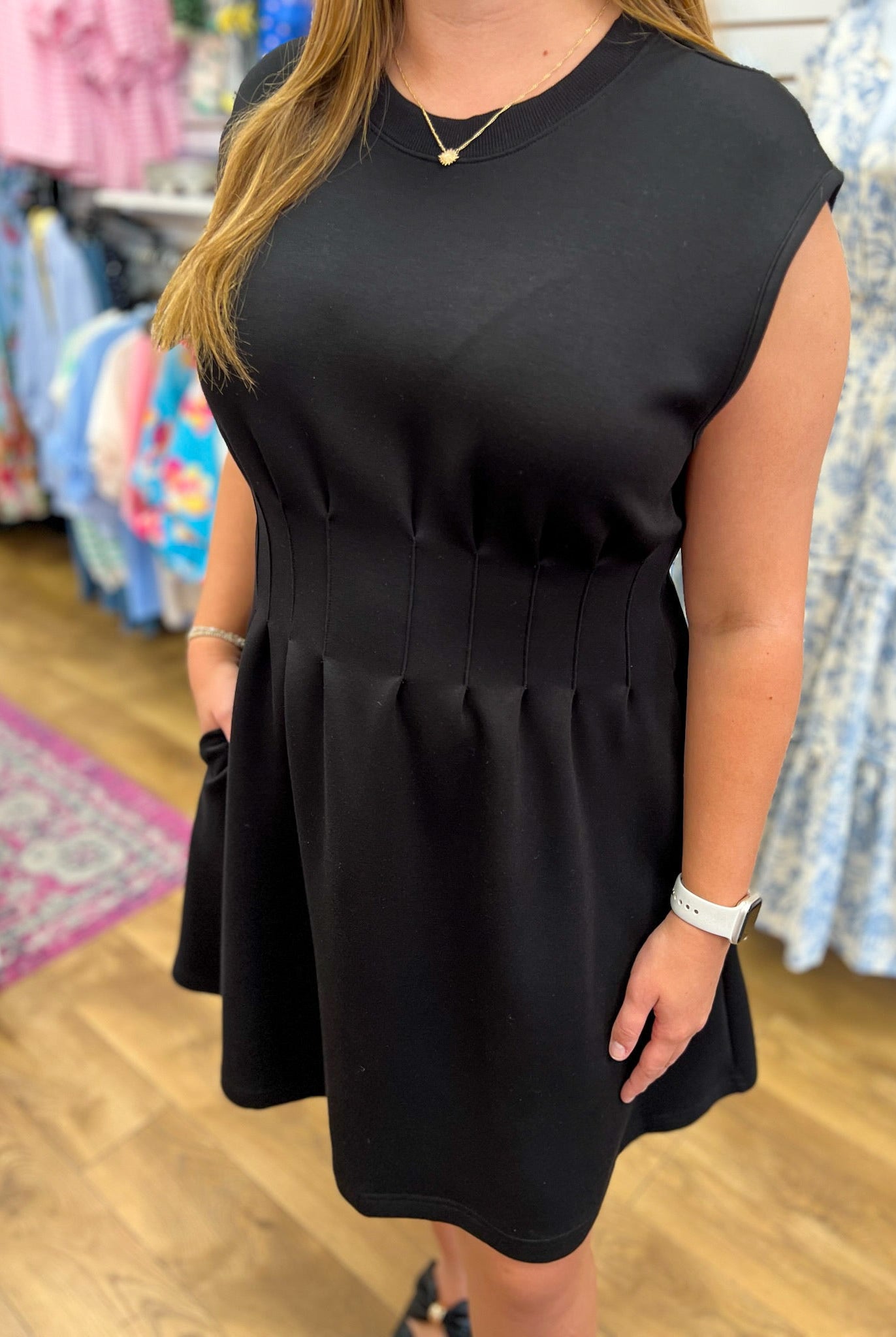 Black Knit Cap Sleeve Dress with Pintuck Detailing at Waist - A'Bekah's Boutique