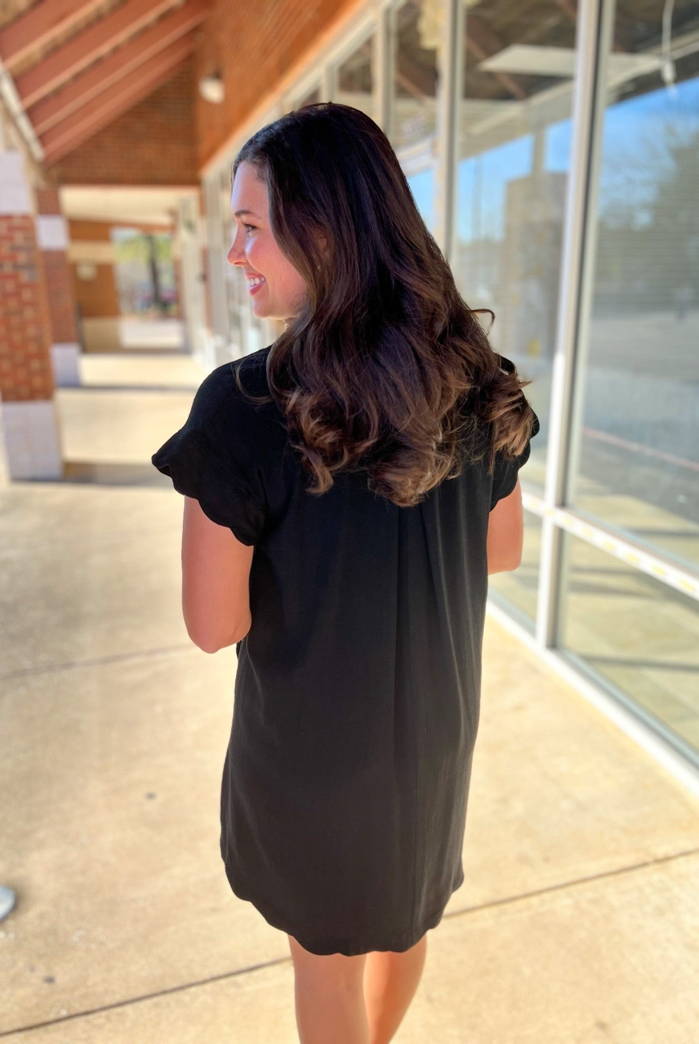 Black Linen V - Neck Dress with Scallop Details (R) - A'Bekah's Boutique