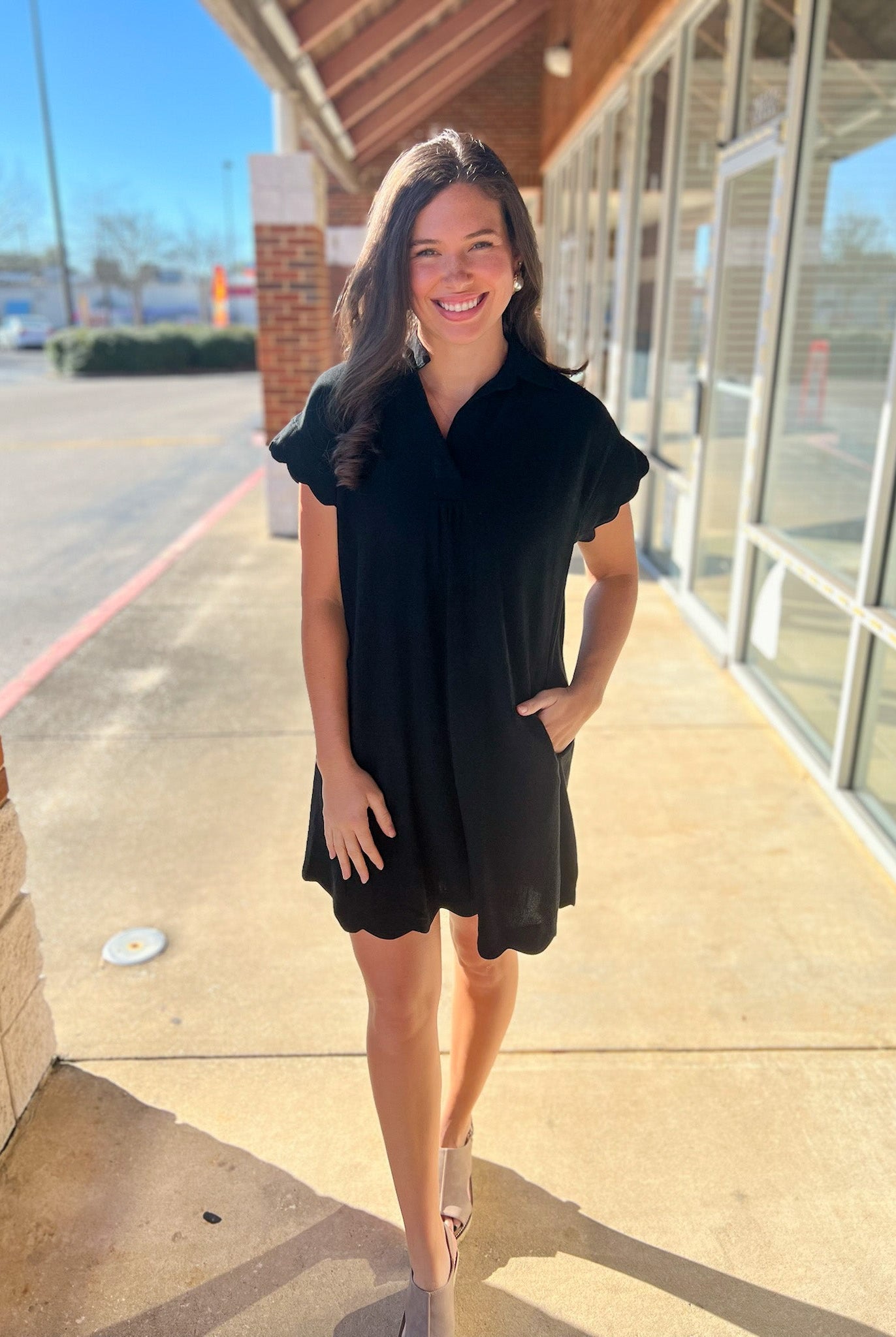Black Linen V - Neck Dress with Scallop Details (R) - A'Bekah's Boutique