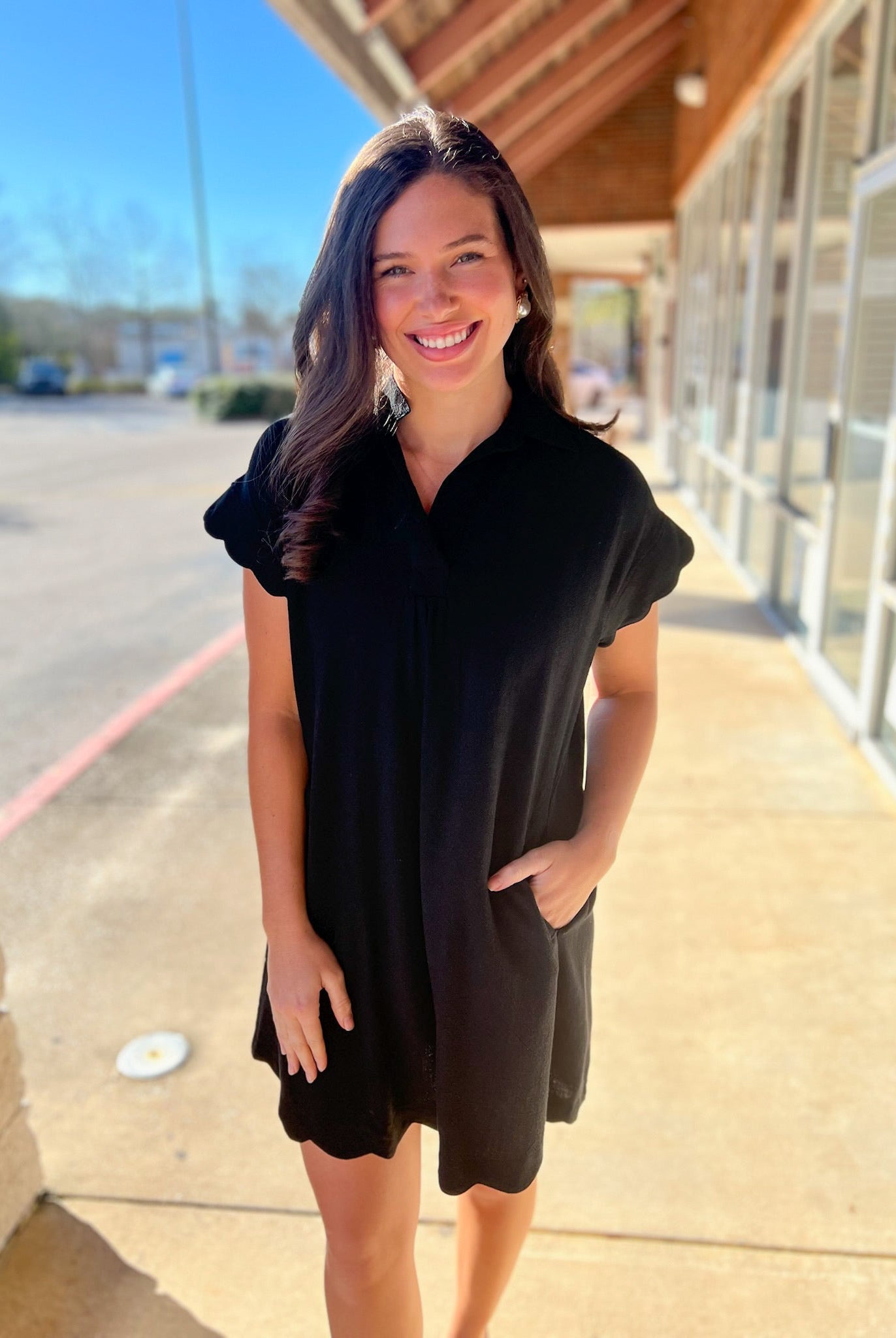 Black Linen V - Neck Dress with Scallop Details (R) - A'Bekah's Boutique
