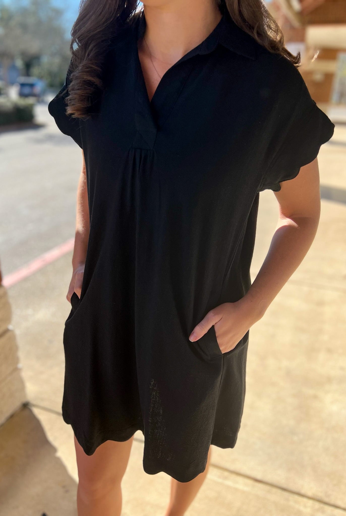 Black Linen V - Neck Dress with Scallop Details (R) - A'Bekah's Boutique
