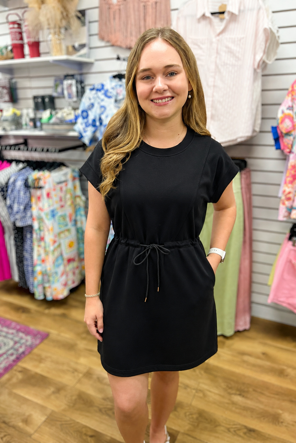 Black Luxe Knit Dress with Drawstring Waist - A'Bekah's Boutique