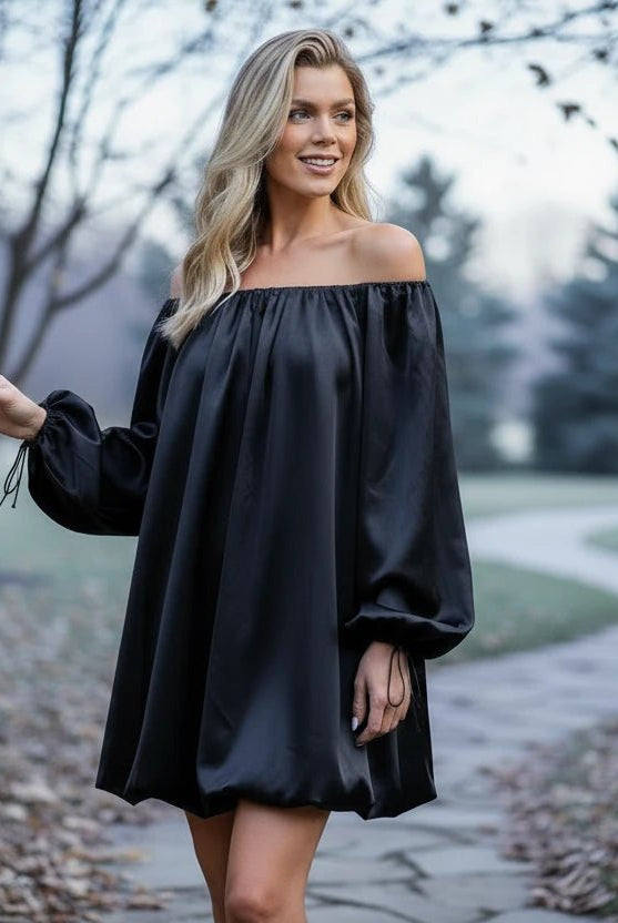Black Off The Shoulder Flounced Dress - A'Bekah's Boutique