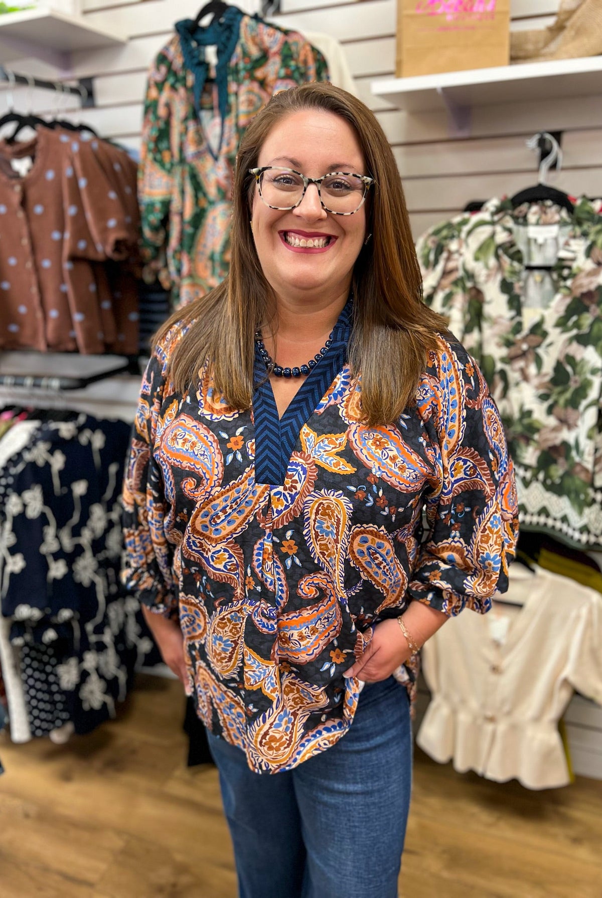 Black Paisley Print V-Neck Top with 3/4 Balloon Sleeves - A'Bekah's Boutique