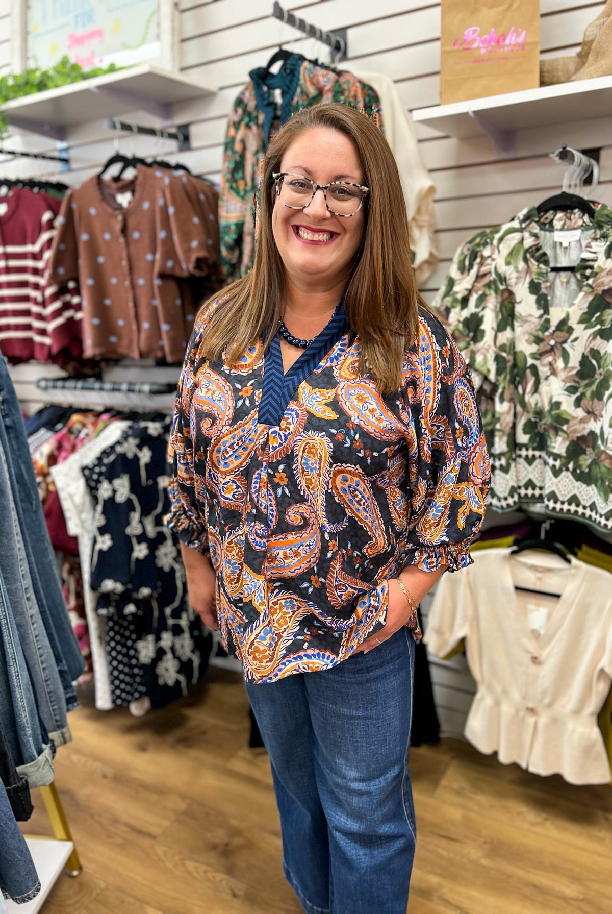 Black Paisley Print V-Neck Top with 3/4 Balloon Sleeves - A'Bekah's Boutique