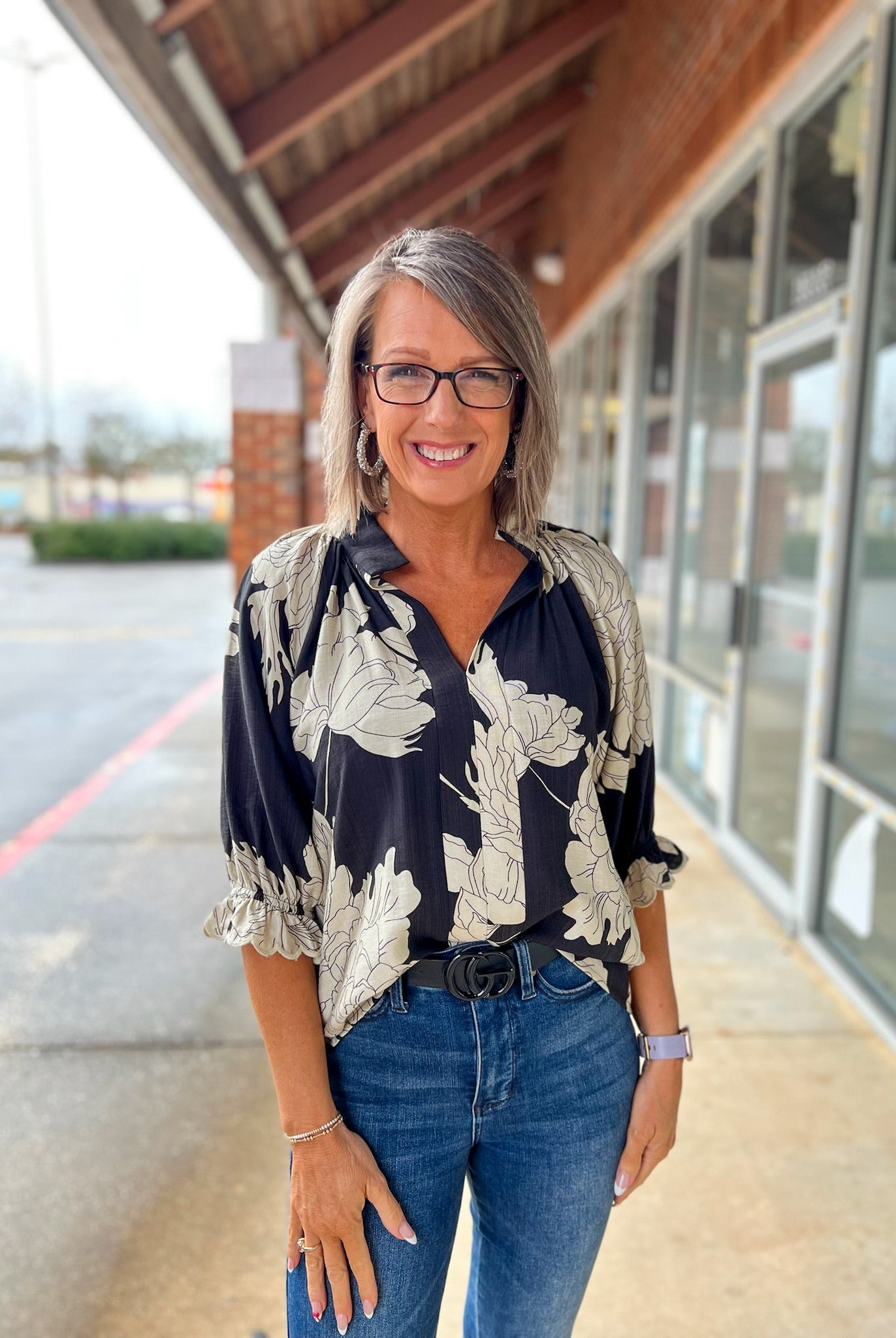 Black Peony Print V - Neck Top with Half Sleeves - A'Bekah's Boutique