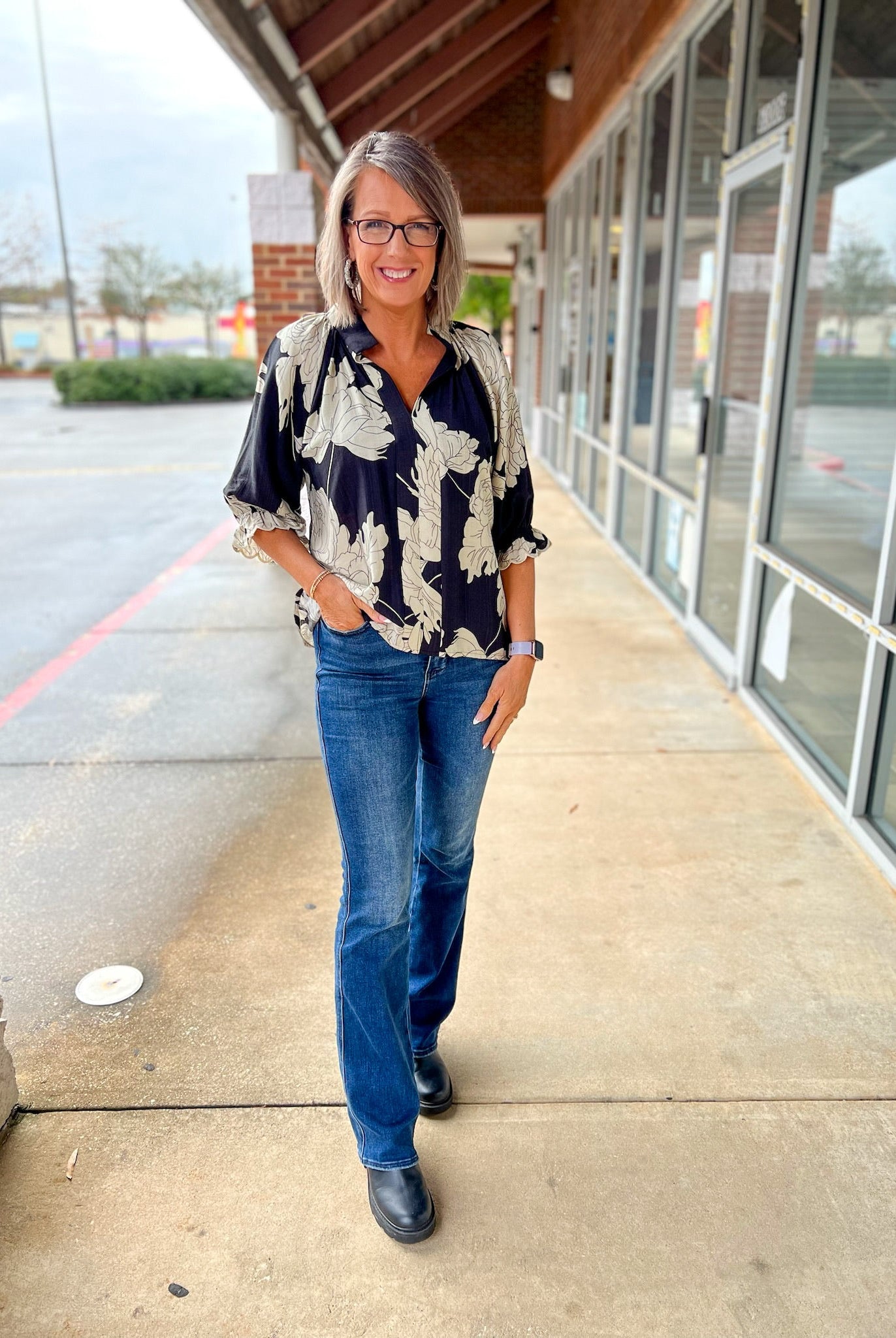 Black Peony Print V - Neck Top with Half Sleeves - A'Bekah's Boutique