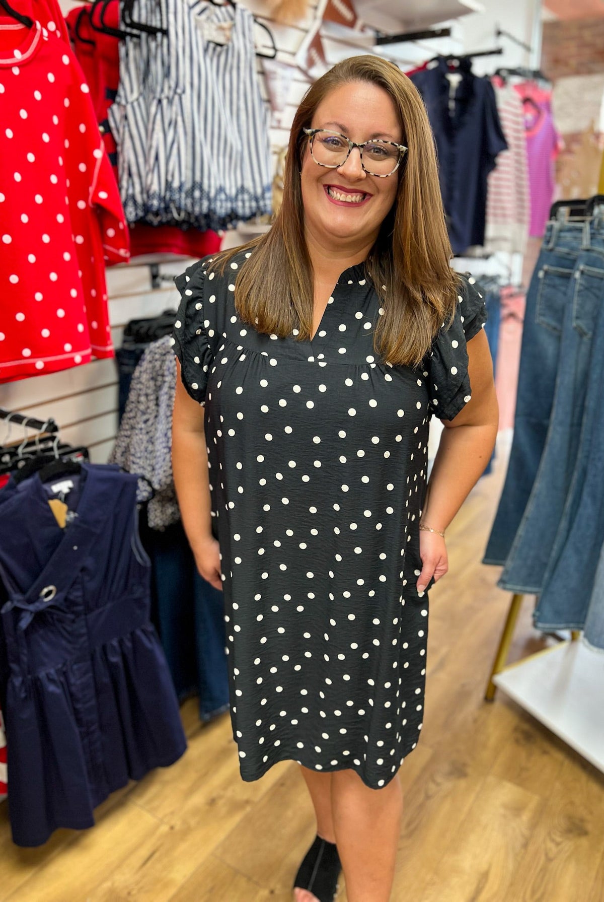 Black Polka Dot Dress with Ruffle Sleeves and Pockets - A'Bekah's Boutique