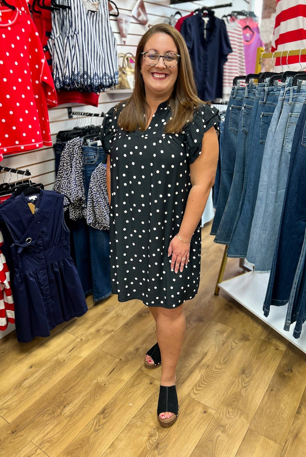 Black Polka Dot Dress with Ruffle Sleeves and Pockets - A'Bekah's Boutique
