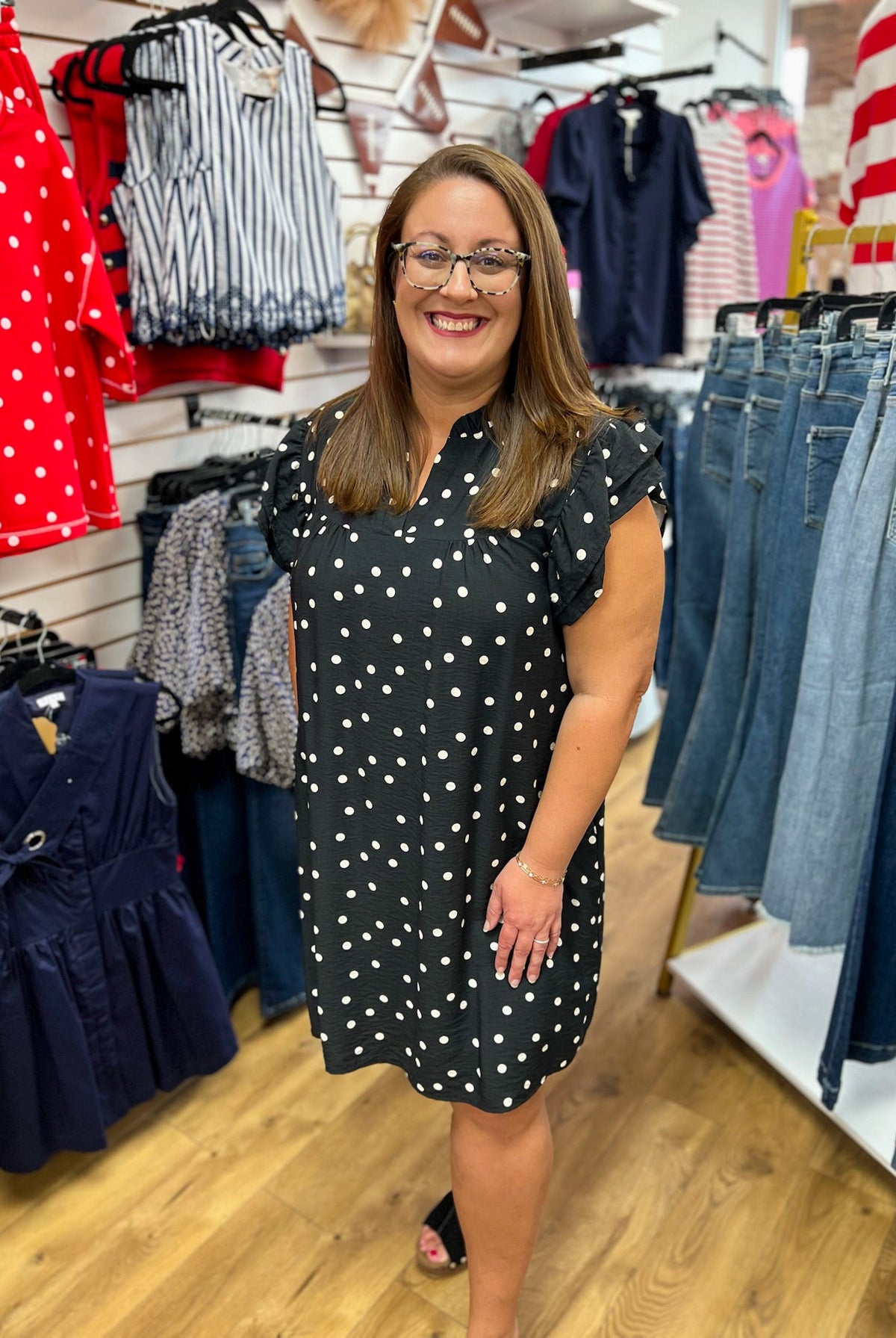 Black Polka Dot Dress with Ruffle Sleeves and Pockets - A'Bekah's Boutique
