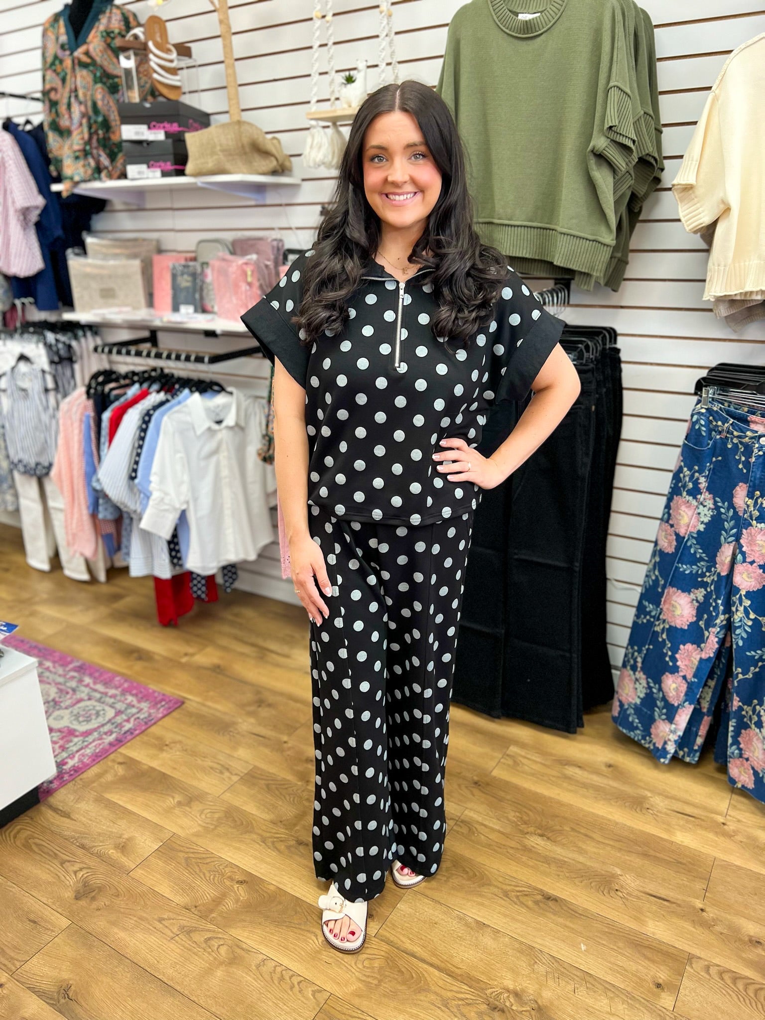 Black Polka Dot Long Knit Pant Set - A'Bekah's Boutique