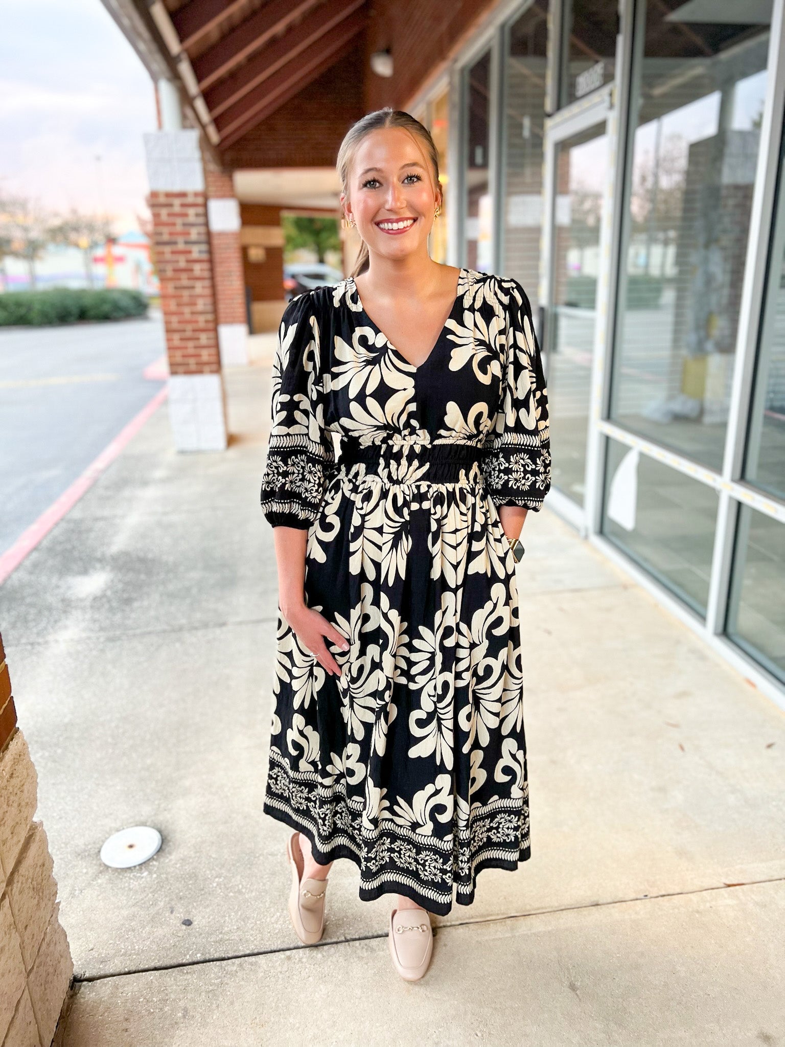 Black Print 3/4 Sleeve V - Neck Midi Dress with Pockets (R) - A'Bekah's Boutique