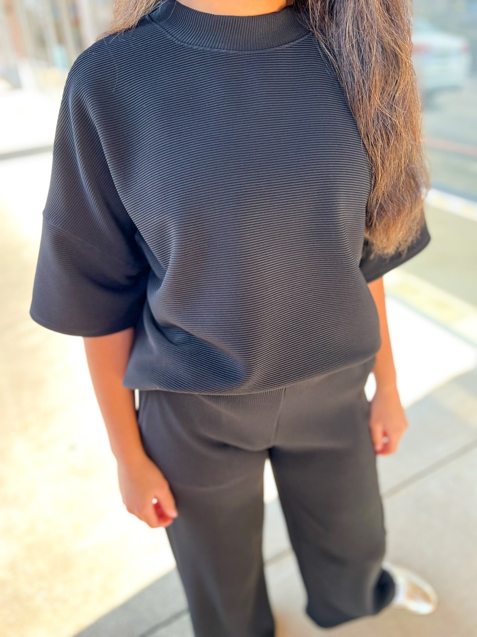Black Ribbed Short Sleeve Wide Leg Pant Set - A'Bekah's Boutique