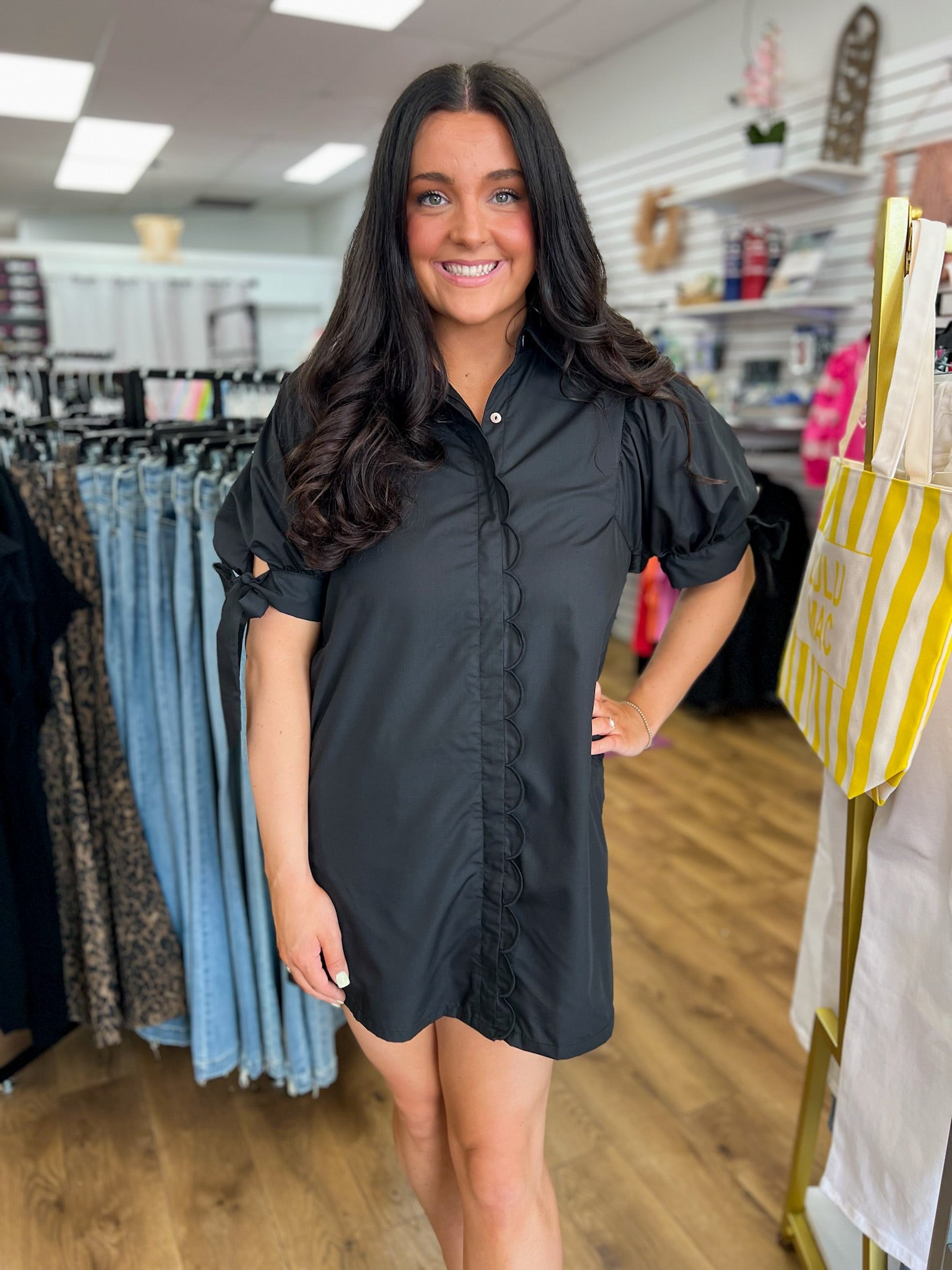 Black Scalloped Trim Dress with Short Puff Sleeves and Bow Cuffs - A'Bekah's Boutique