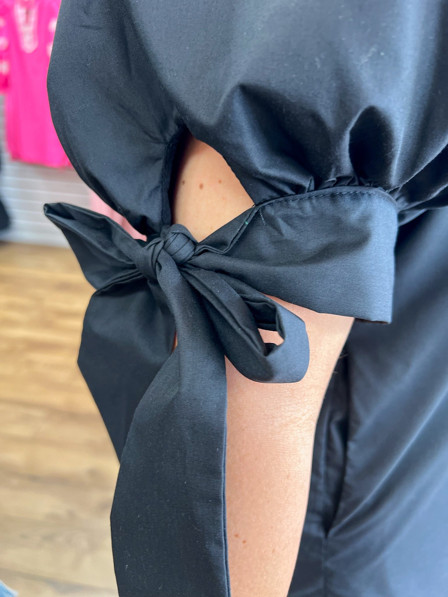 Black Scalloped Trim Dress with Short Puff Sleeves and Bow Cuffs - A'Bekah's Boutique