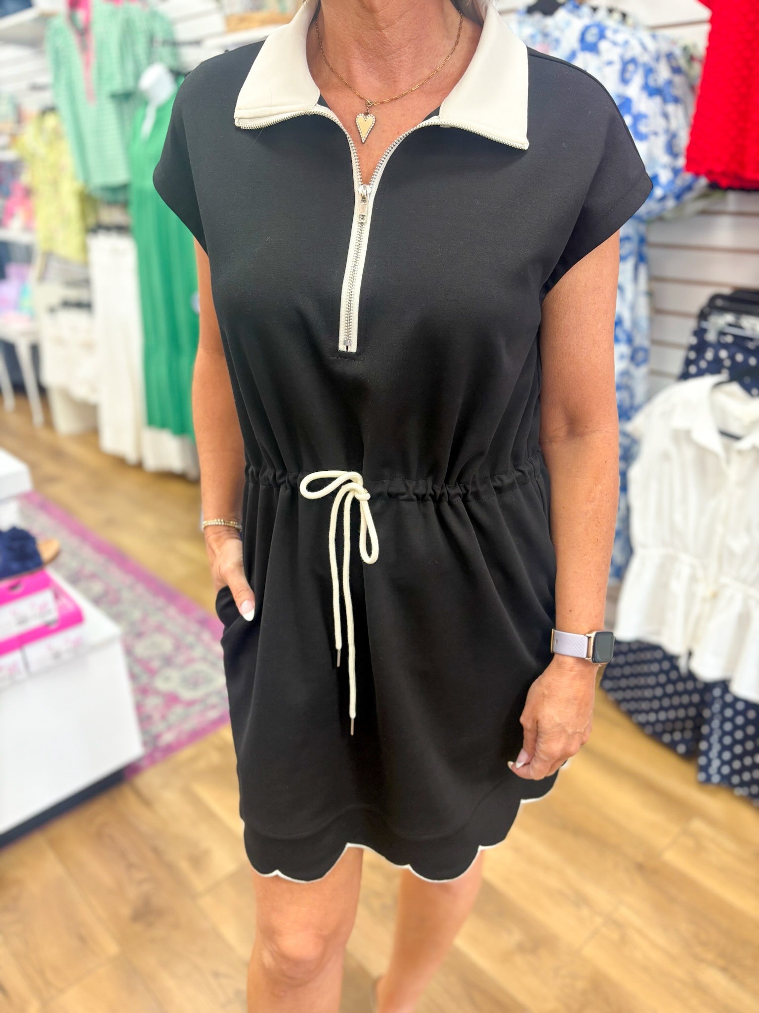 Black Scuba Fabric Short Sleeve Dress with Drawstring Waist - A'Bekah's Boutique