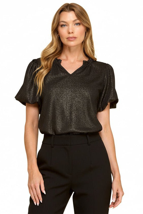 Black Shimmery V - Neck Top with Short Puff Sleeves - A'Bekah's Boutique