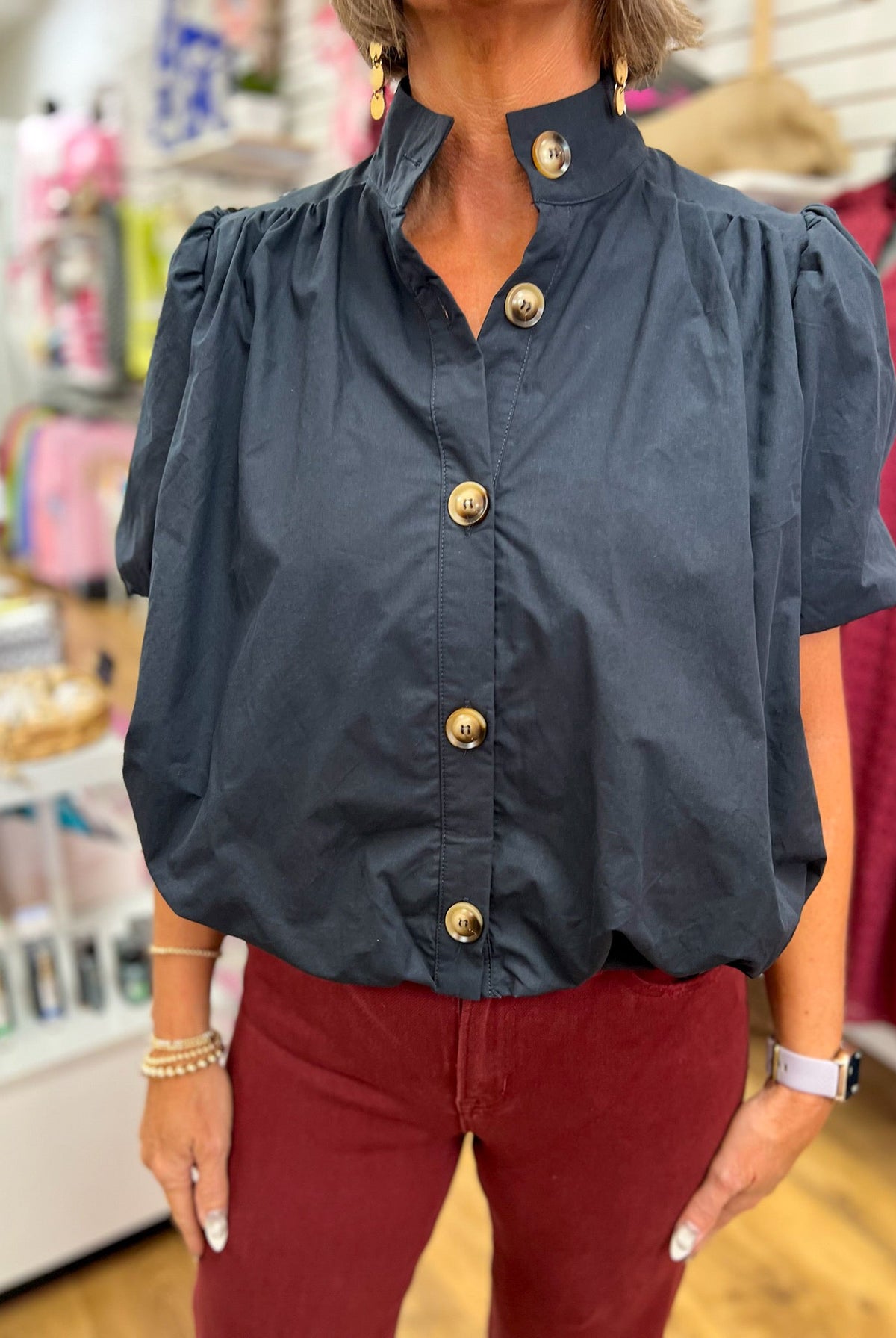 Black Short Sleeve Button Up Top with Bubble Hem - A'Bekah's Boutique