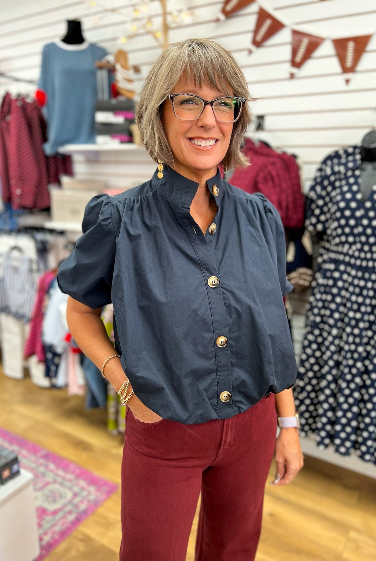 Black Short Sleeve Button Up Top with Bubble Hem - A'Bekah's Boutique
