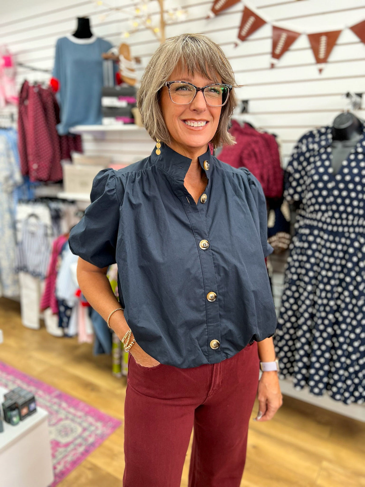 Black Short Sleeve Button Up Top with Bubble Hem - A'Bekah's Boutique