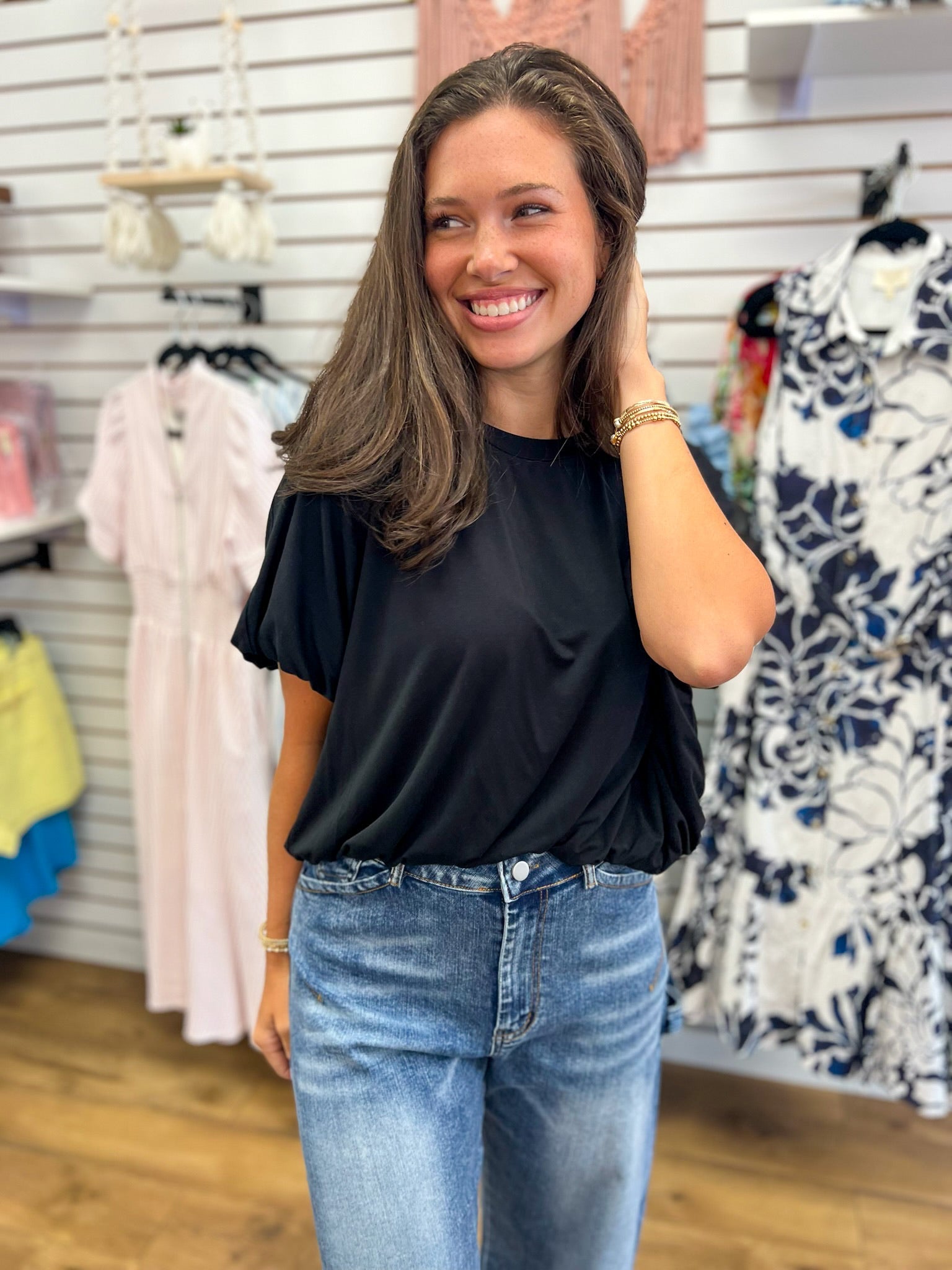Black Short Sleeve Top with Bubble Sleeves and Hem - A'Bekah's Boutique
