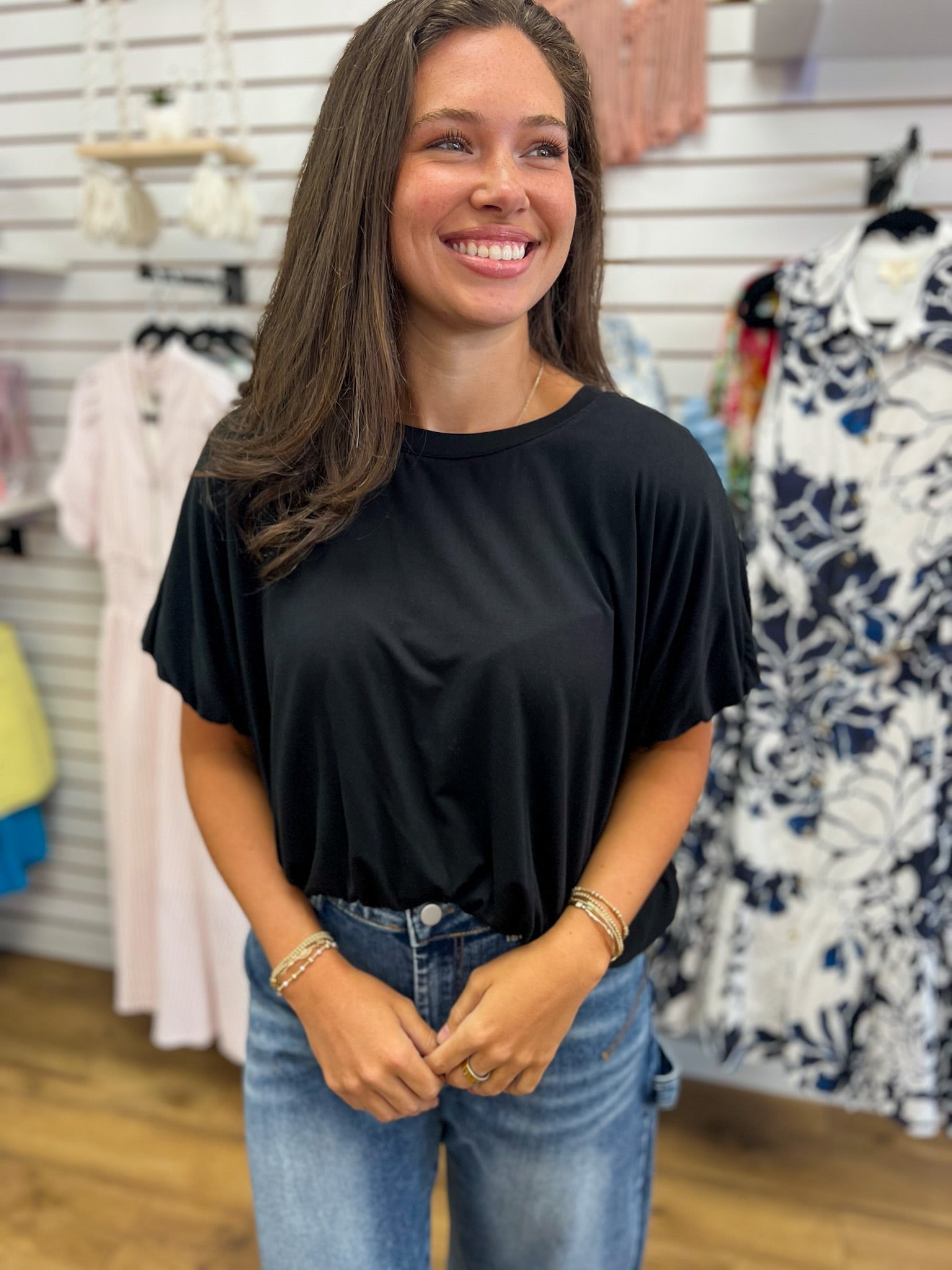 Black Short Sleeve Top with Bubble Sleeves and Hem - A'Bekah's Boutique