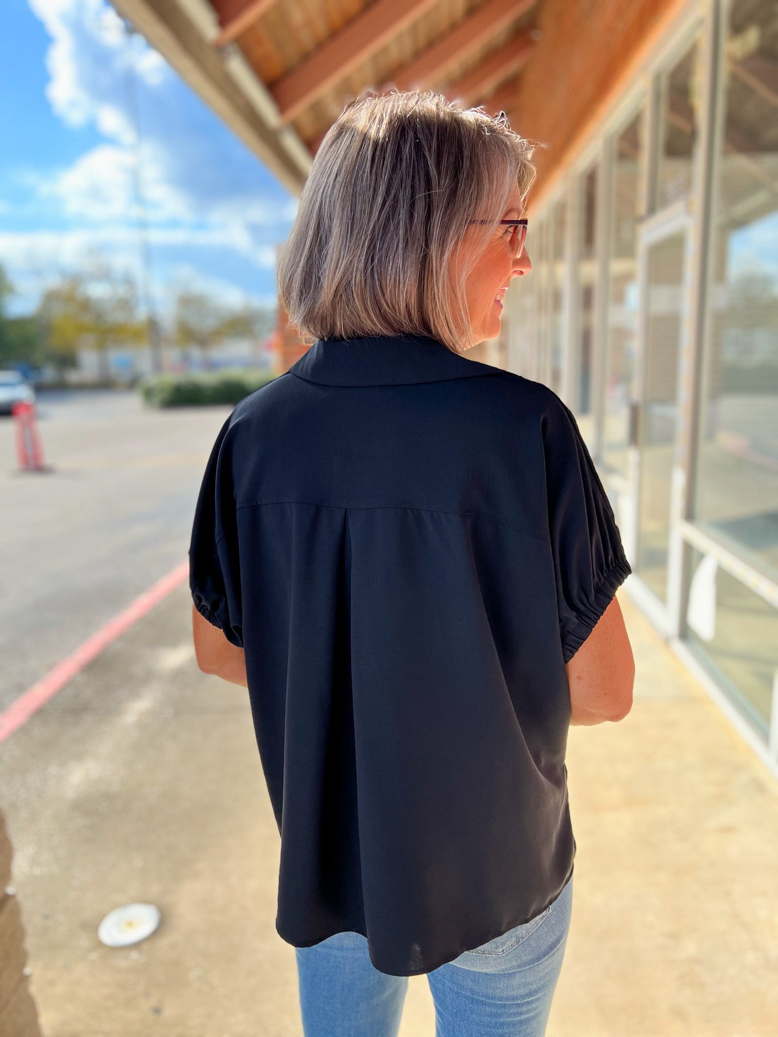 Black Short Sleeve V - Neck Collared Top - A'Bekah's Boutique