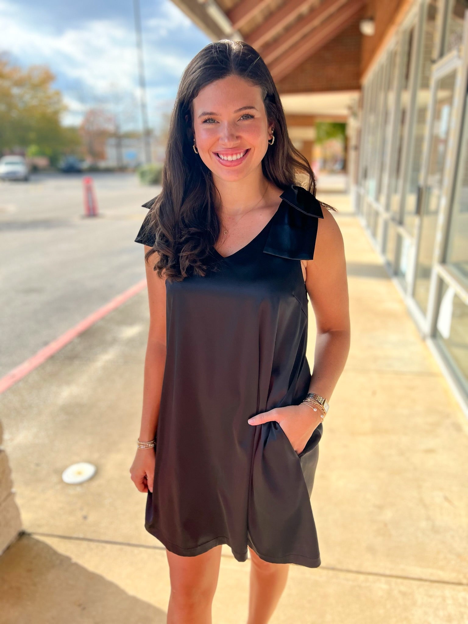 Black Sleeveless V - Neck Dress with Bows on the Shoulders - A'Bekah's Boutique